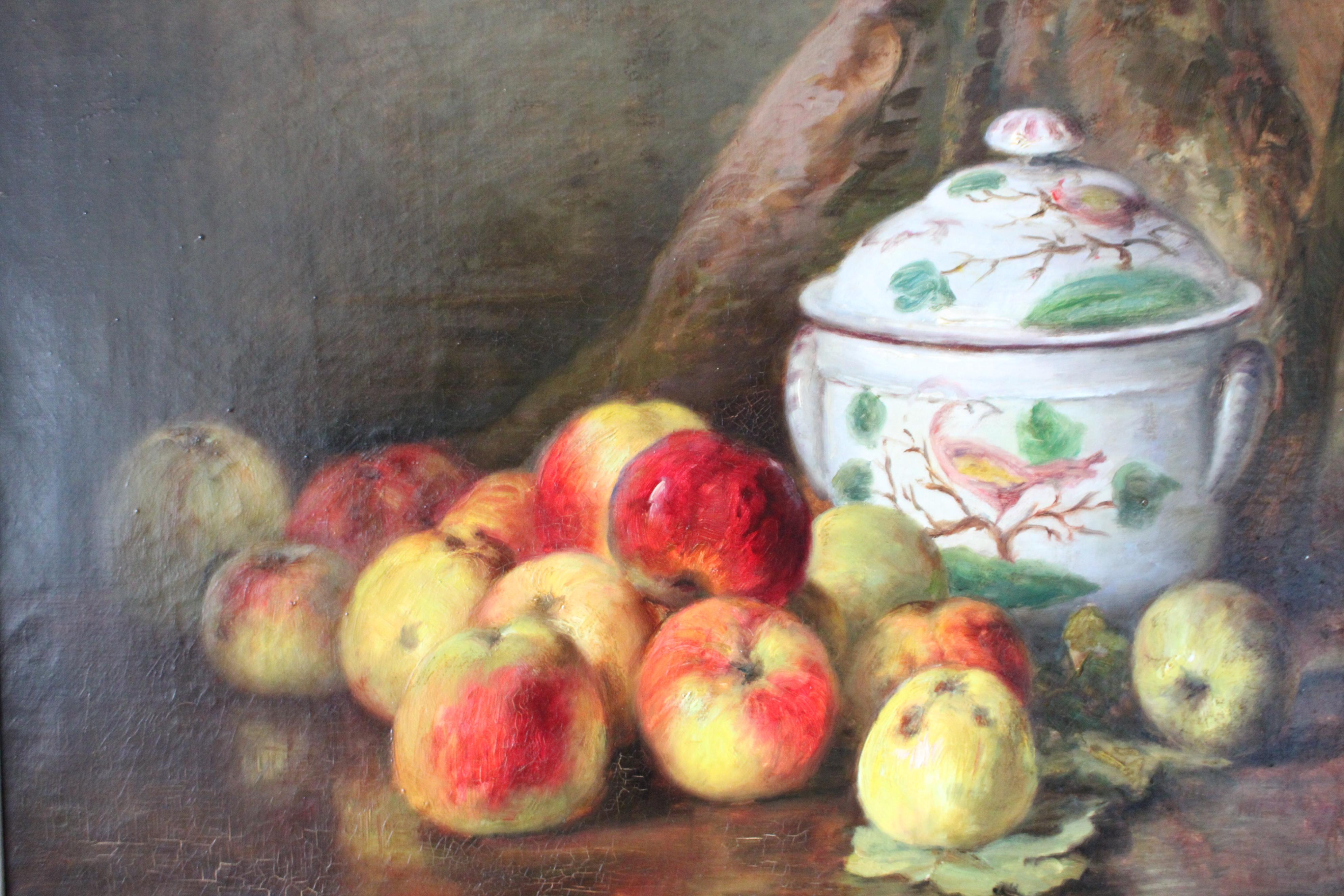 Grande Nature Morte Ancienne Pommes Fruits 19ème Siècle Peinture à l'huile encadrée - Painting de Unknown