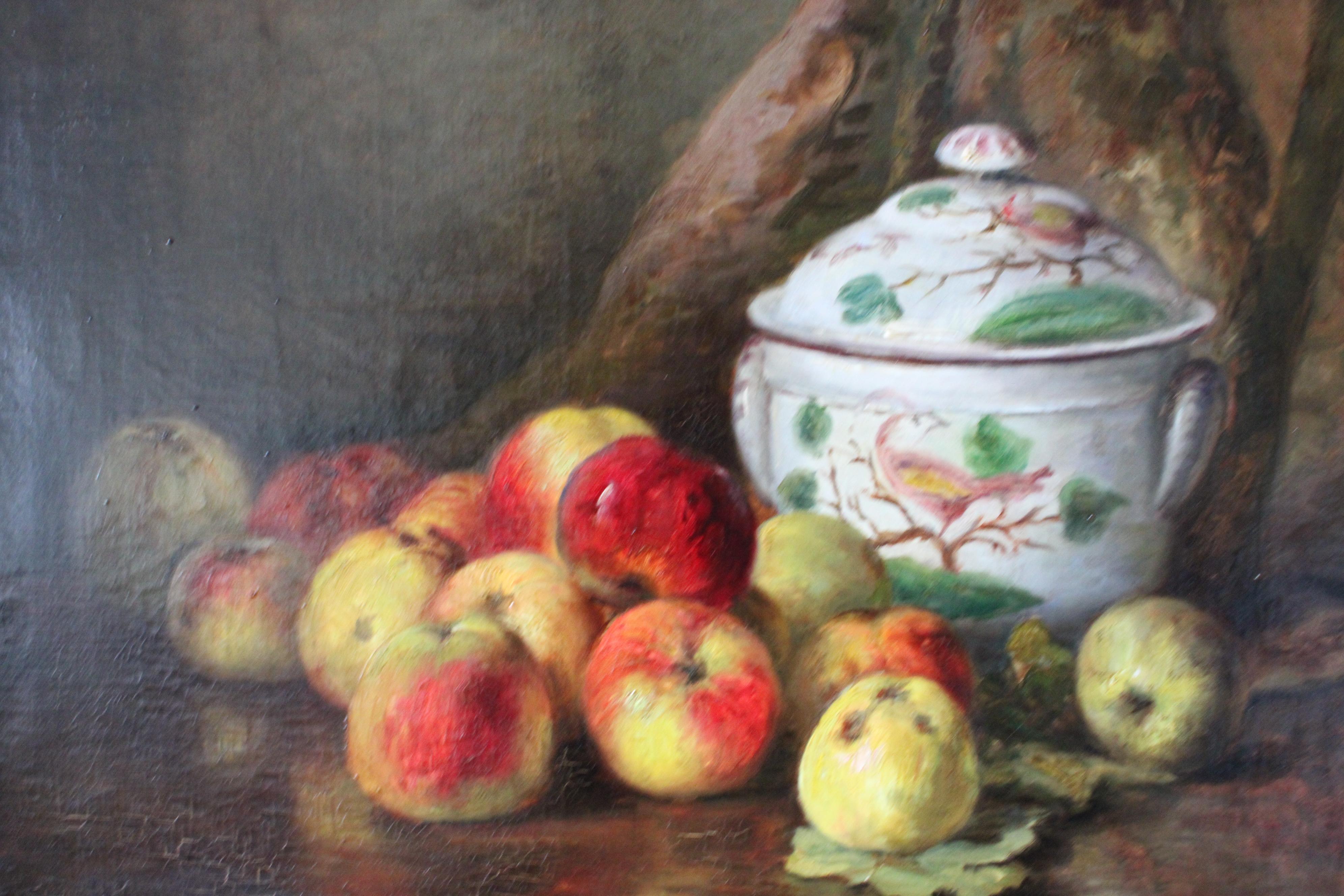Grande Nature Morte Ancienne Pommes Fruits 19ème Siècle Peinture à l'huile encadrée - Marron Still-Life Painting par Unknown