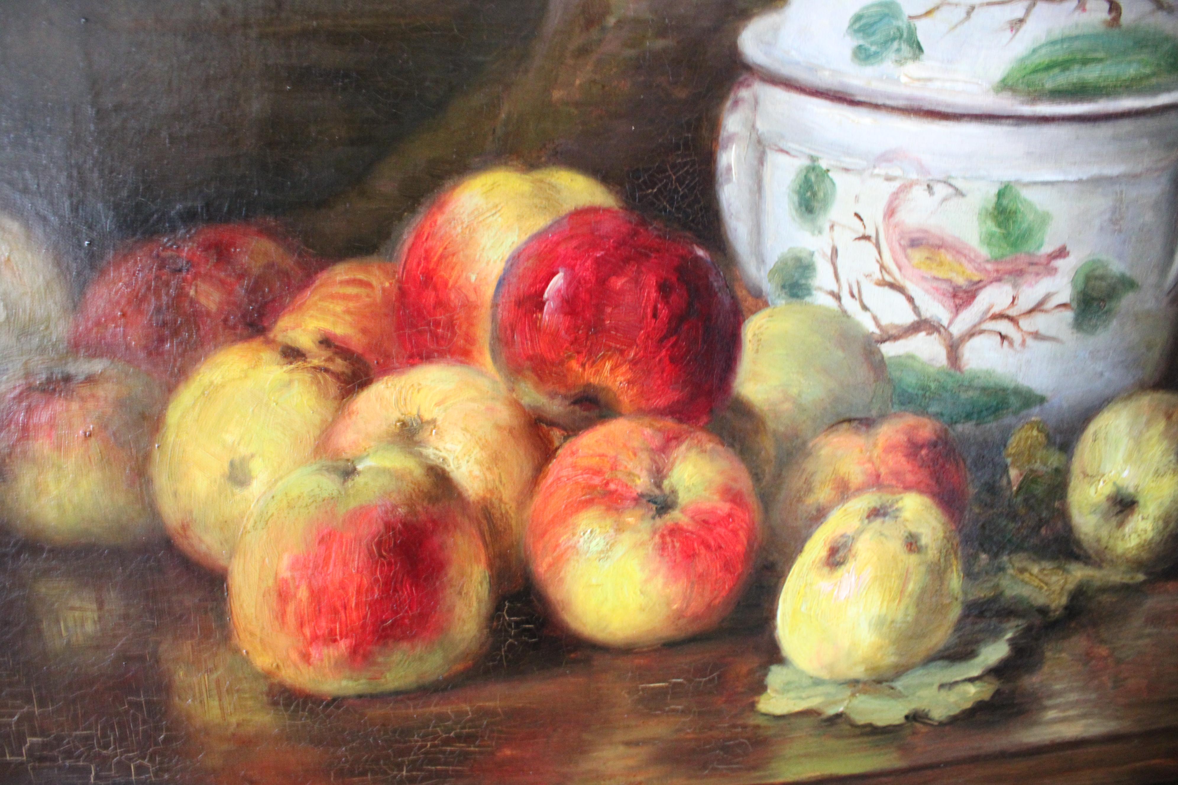 Grande Nature Morte Ancienne Pommes Fruits 19ème Siècle Peinture à l'huile encadrée en vente 1