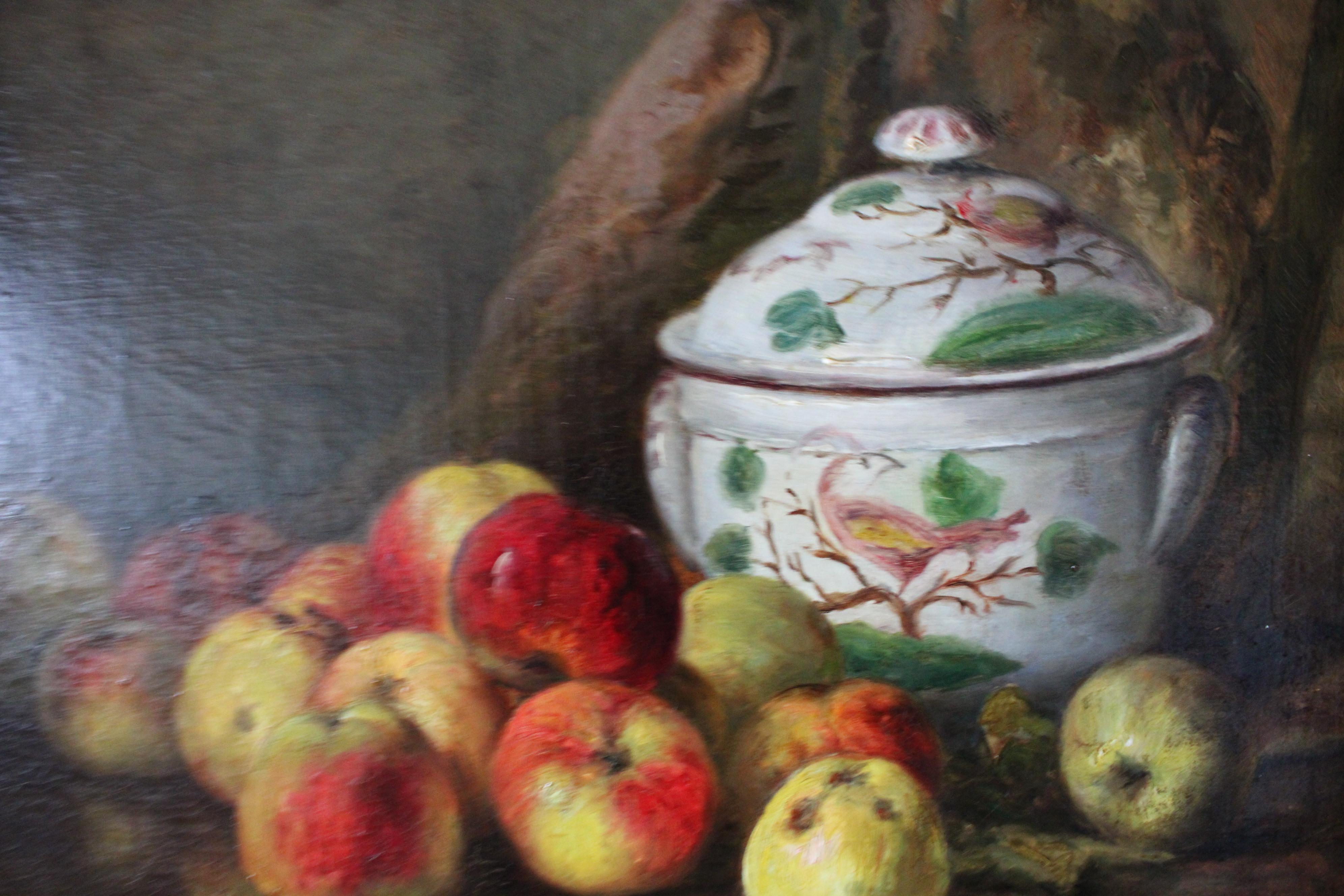 Grande Nature Morte Ancienne Pommes Fruits 19ème Siècle Peinture à l'huile encadrée en vente 2