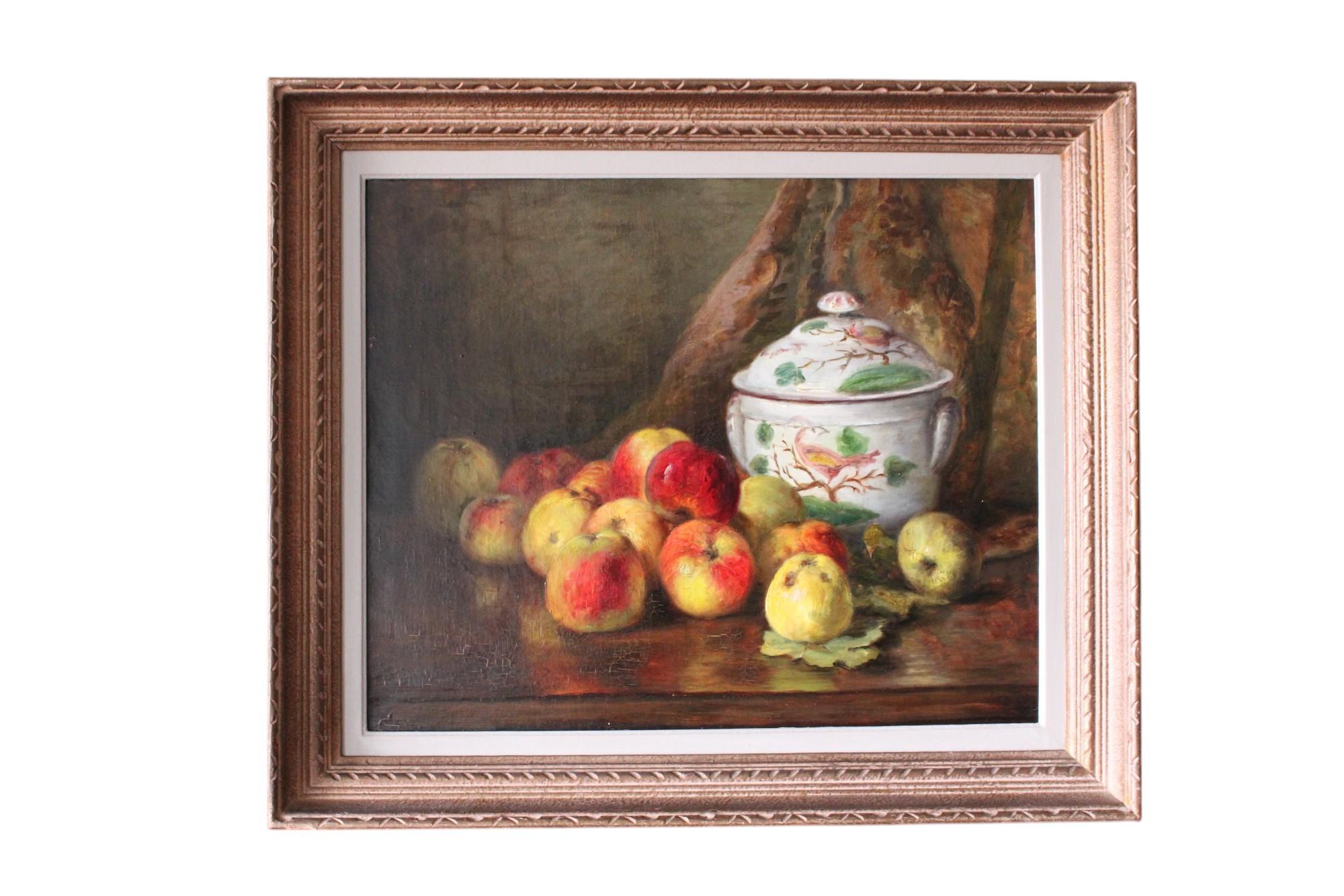 Still-Life Painting Unknown - Grande Nature Morte Ancienne Pommes Fruits 19ème Siècle Peinture à l'huile encadrée
