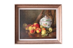Large Antique Still Life Apples Fruit 19th Century Framed Oil Painting