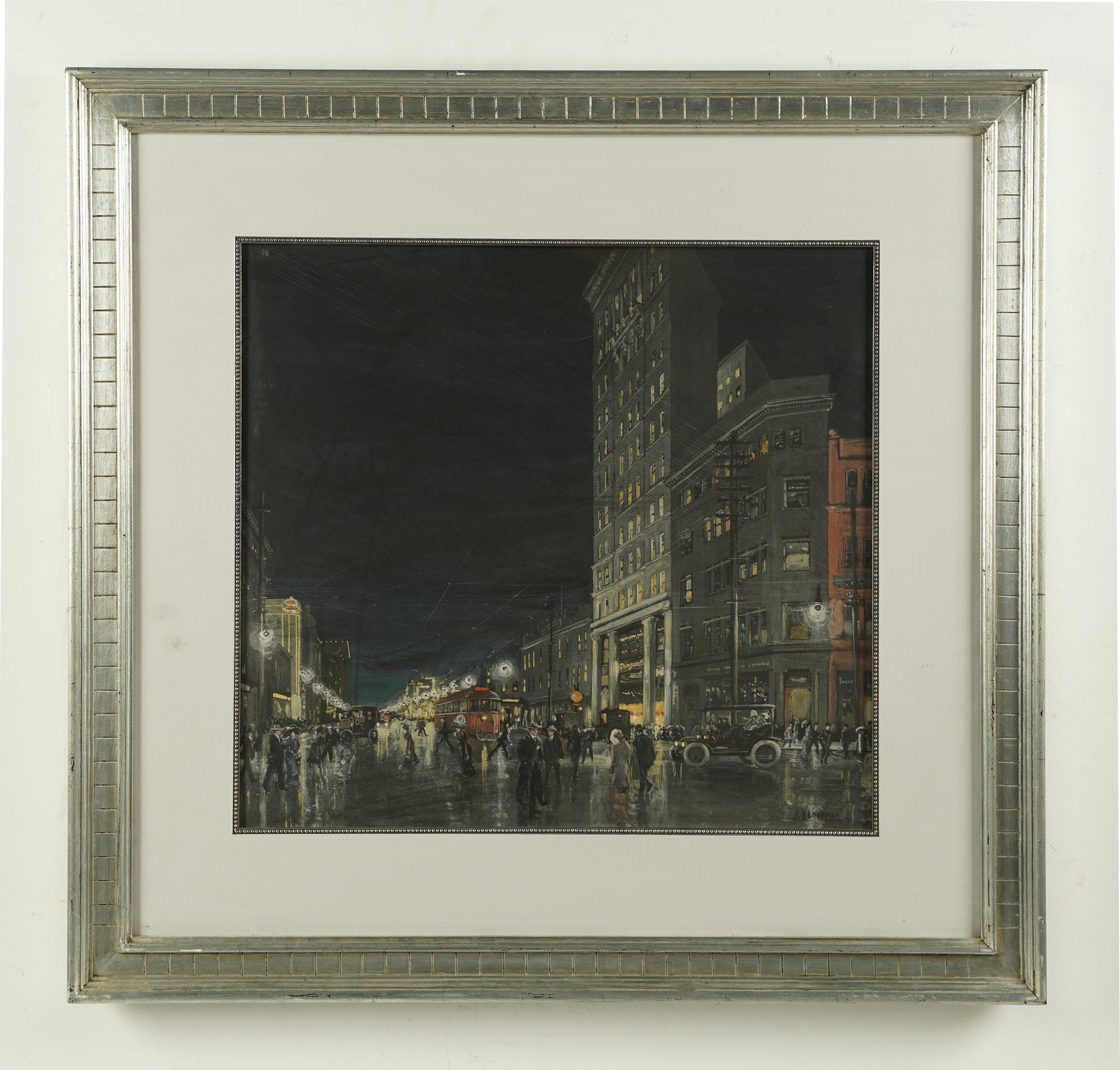 Large Antique modernist street scene painting.  Oil and gouache on board.  Signed.  Framed.  Image size, 21L x 19H.
