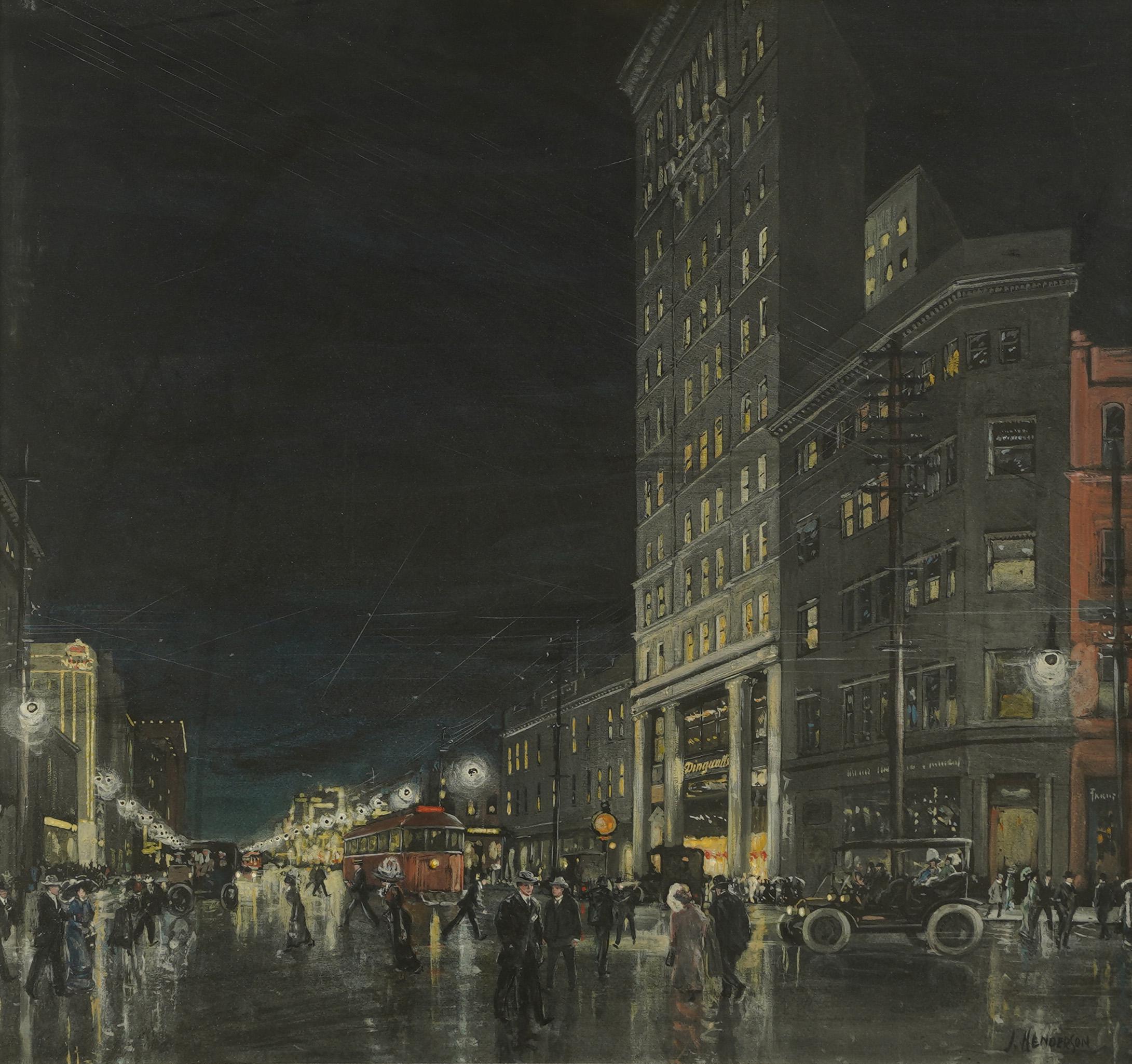 Large Art Deco Signed Nocturnal Cityscape Street Scene Trolley Car Painting For Sale 1