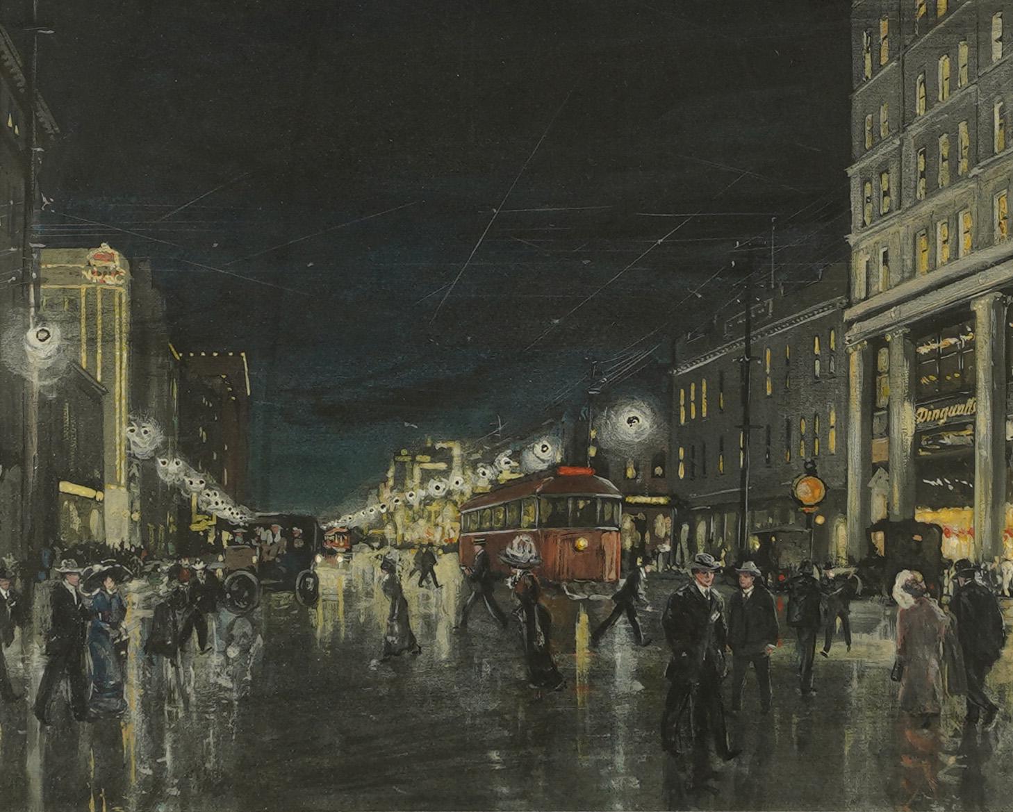 Large Art Deco Signed Nocturnal Cityscape Street Scene Trolley Car Painting For Sale 2