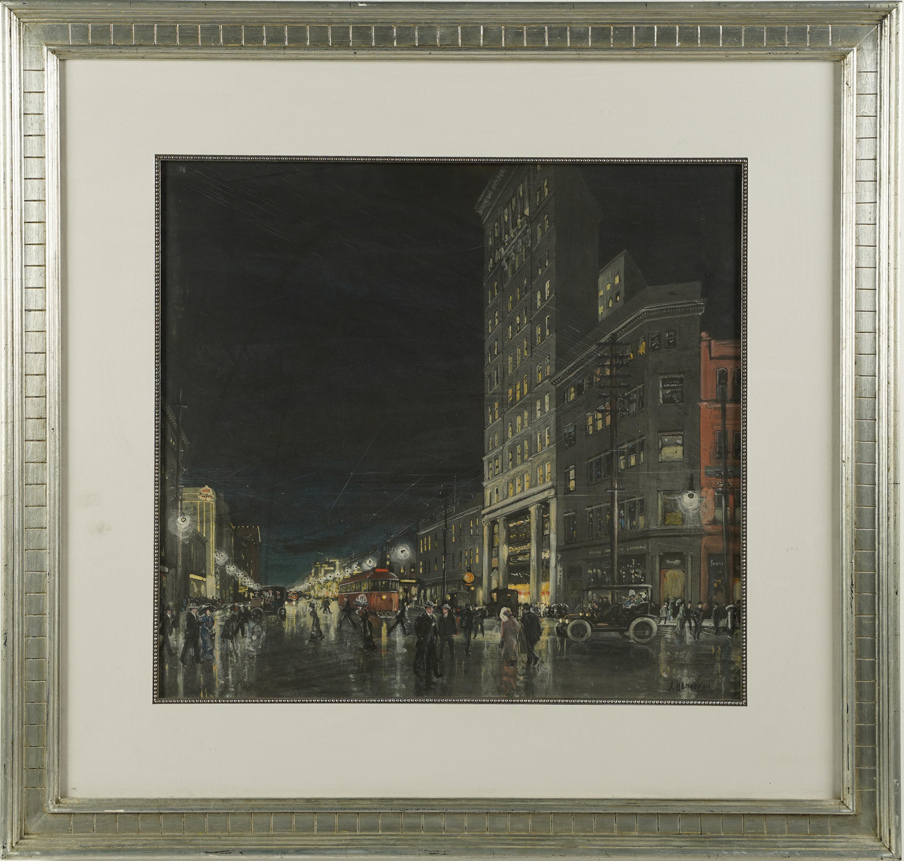 Unknown Figurative Painting - Large Art Deco Signed Nocturnal Cityscape Street Scene Trolley Car Painting
