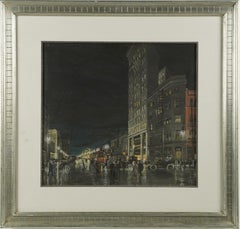 Large Art Deco Signed Nocturnal Cityscape Street Scene Trolley Car Painting