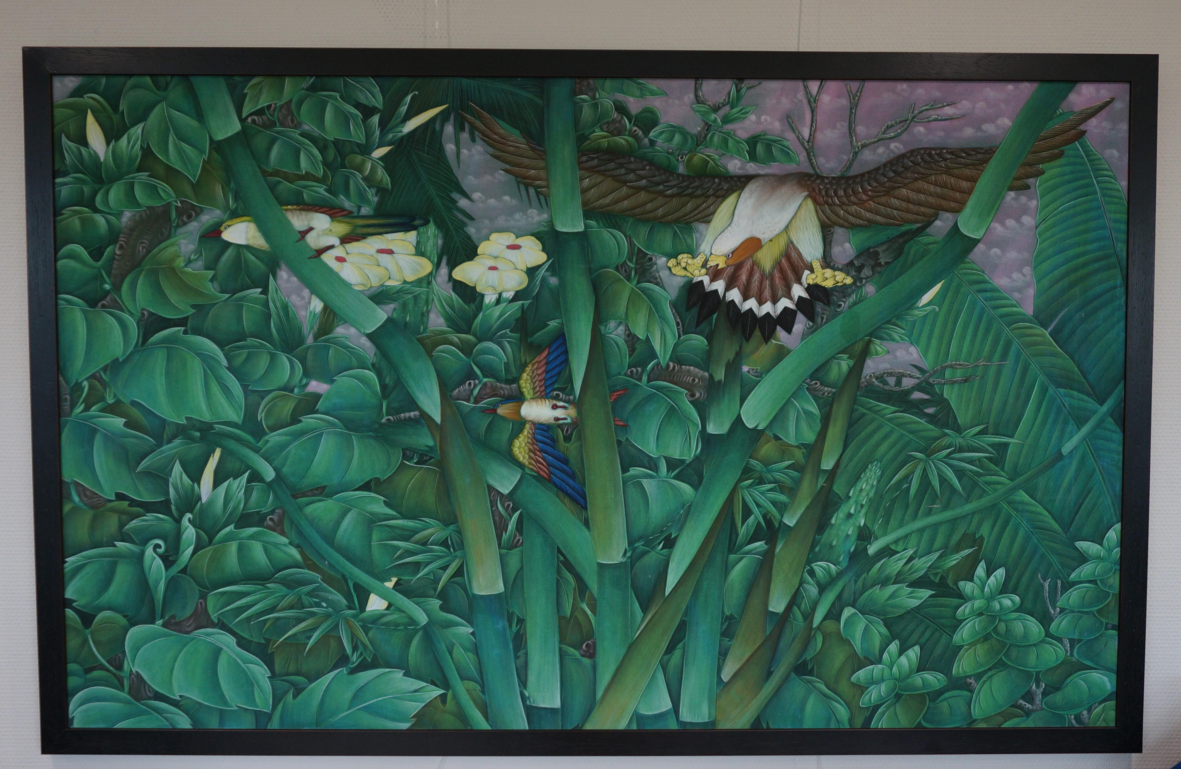 Künstler unbekannt
Großes balinesisches Gemälde auf Leinwand, das einen tropischen Wald mit Vögeln darstellt.
Indonesien, zweite Hälfte des 20. Jahrhunderts

In modernem Rahmen

Abmessungen: 83 x 135 cm. (ohne Rahmen)

Insgesamt in gutem Zustand,