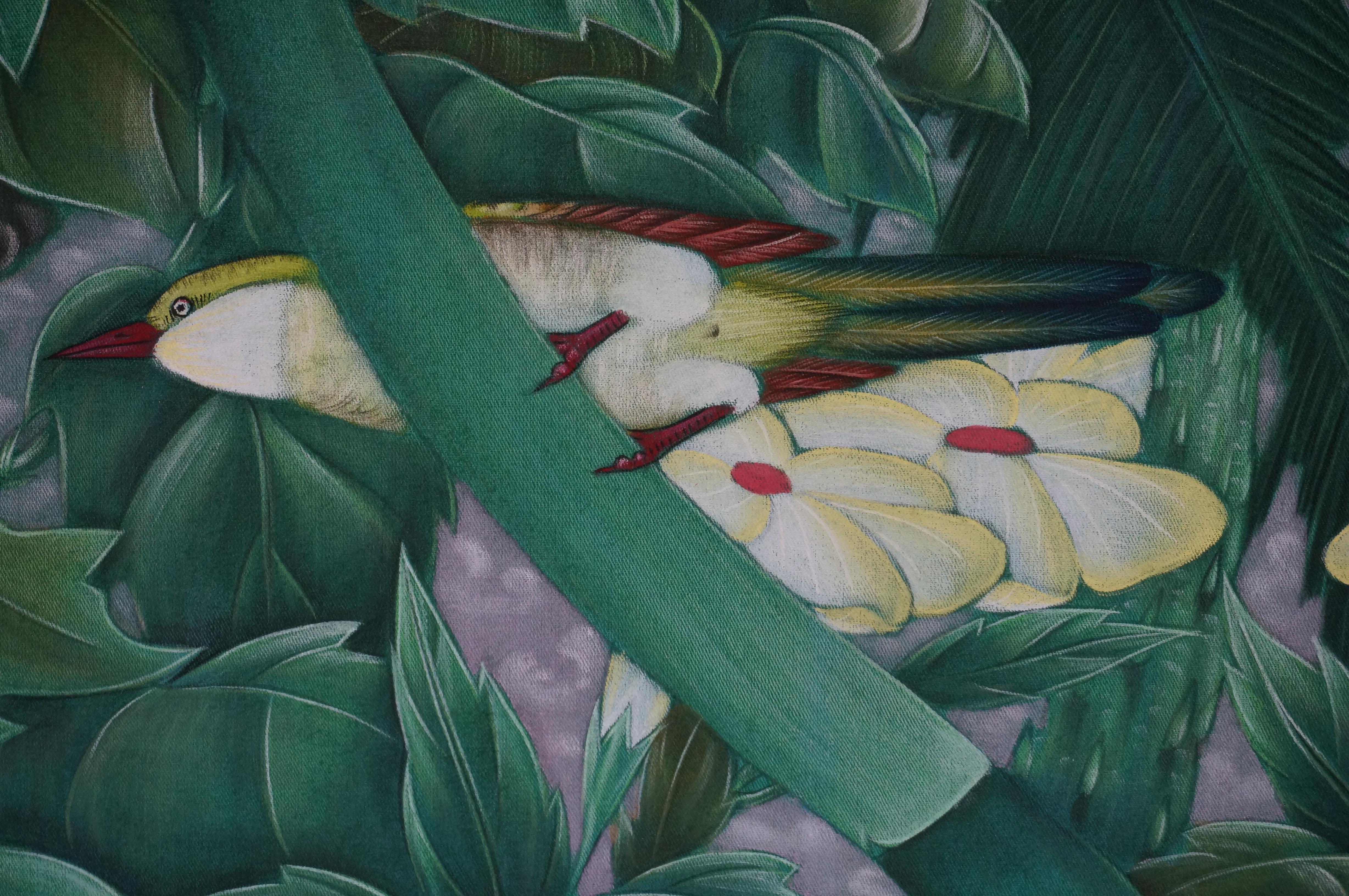Large Bali Indonesia Painting Tropical rain forest with birds Original painting For Sale 1