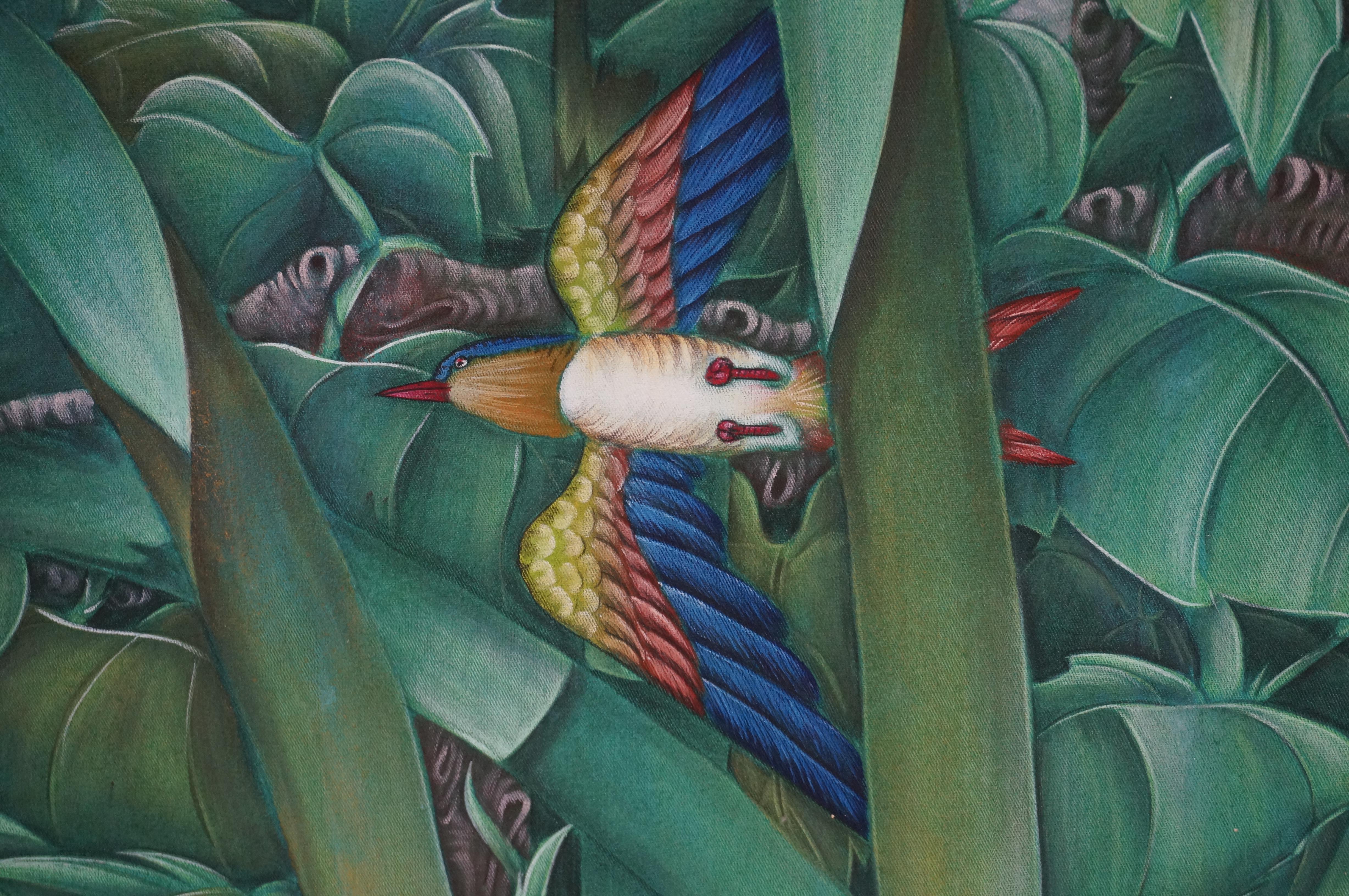 Großes Bali Indonesien Gemälde Tropischer Regenwald mit Vögeln Originalgemälde im Angebot 2