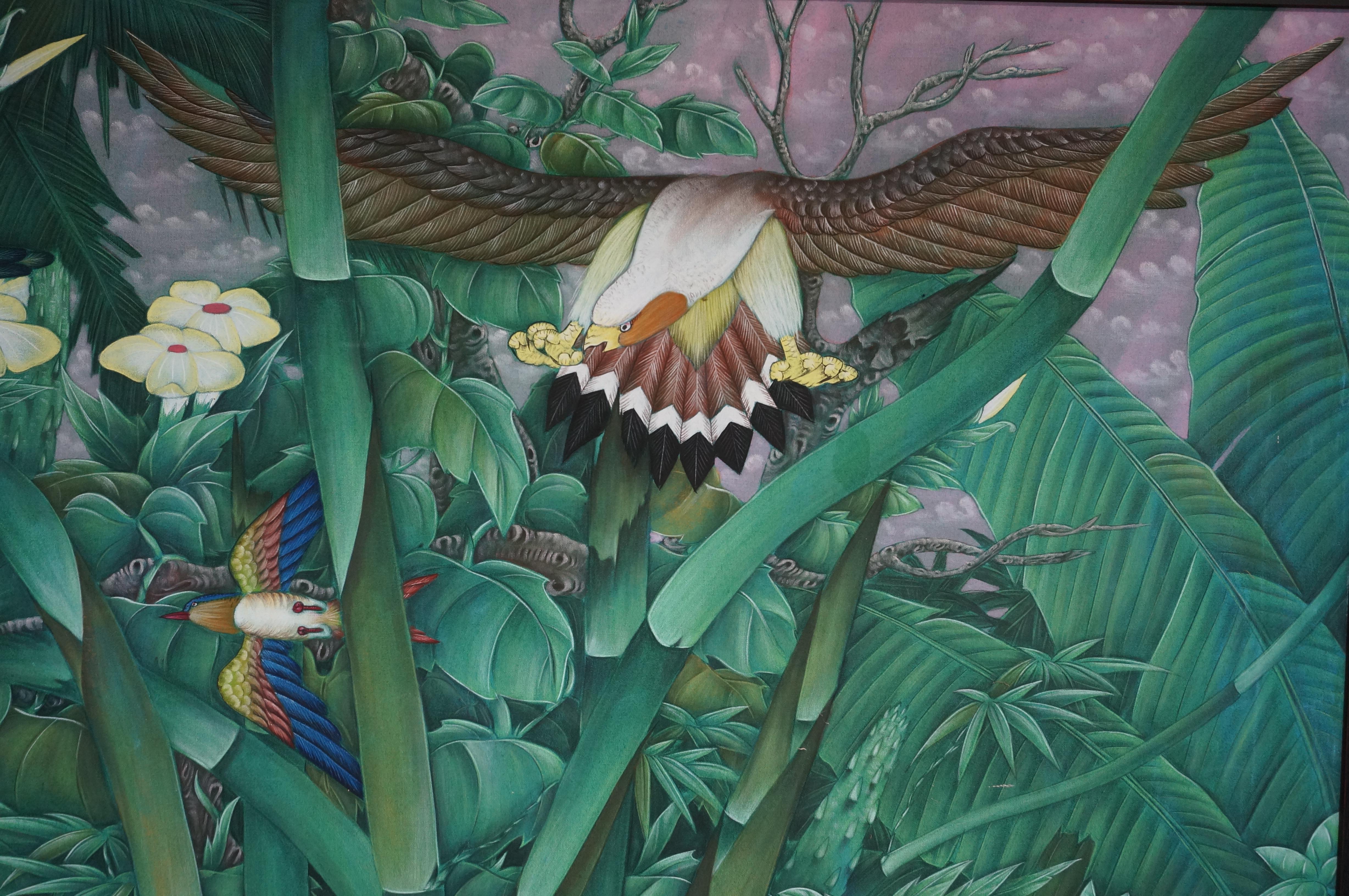 Large Bali Indonesia Painting Tropical rain forest with birds Original painting For Sale 4