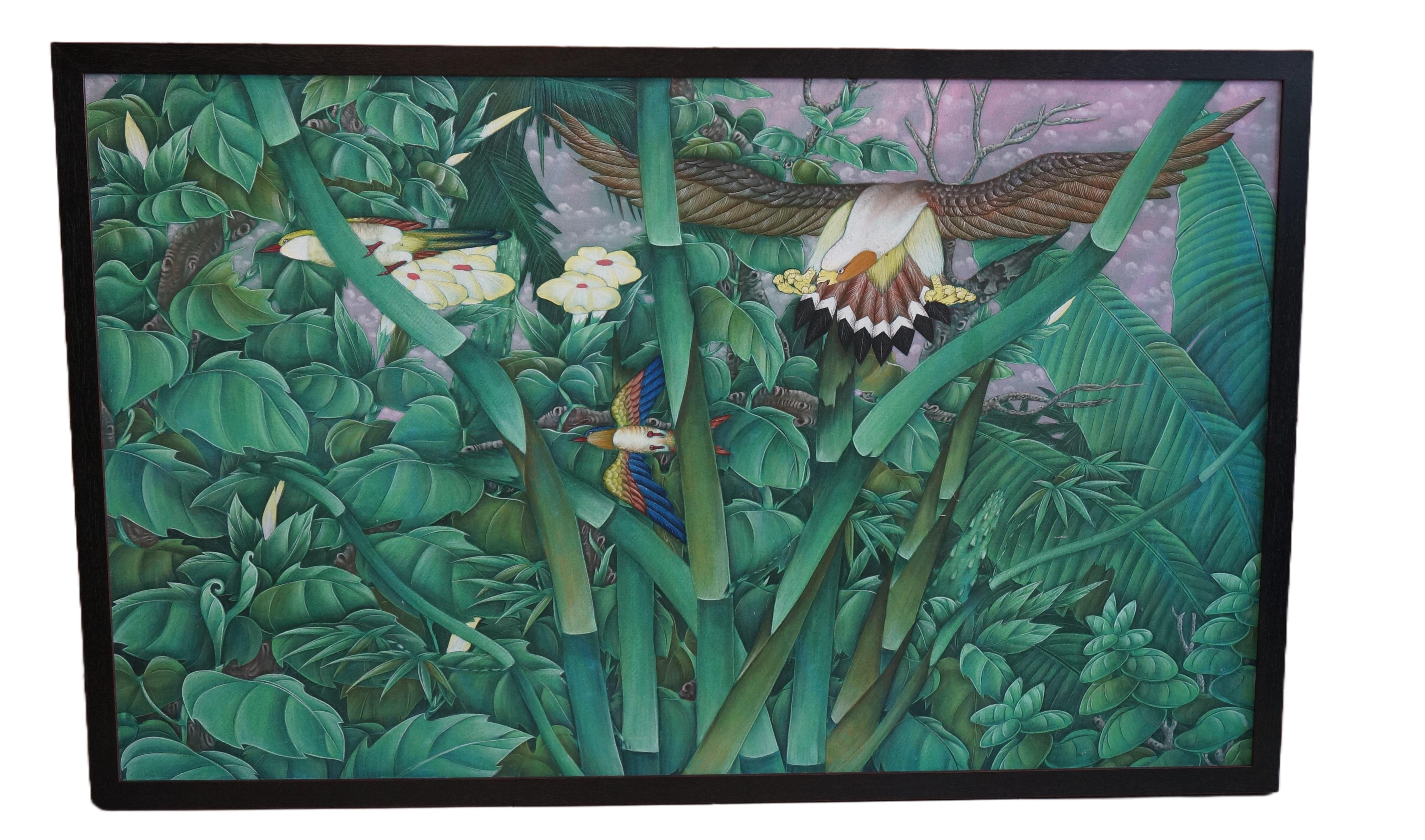 Artist unknown
Large Balinese painting on canvas depicting a tropical forest with birds.
Indonesia, second half 20th century

In modern frame

Dimensions: 83 x 135 cm. (without frame)

Overall in good condition, a few traces of wear (see images)