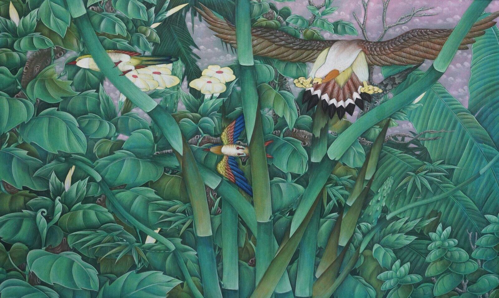 Unknown Animal Painting – Großes Bali Indonesien Gemälde Tropischer Regenwald mit Vögeln Originalgemälde