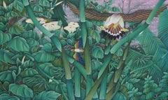 Vintage Large Bali Indonesia Painting Tropical rain forest with birds Original painting