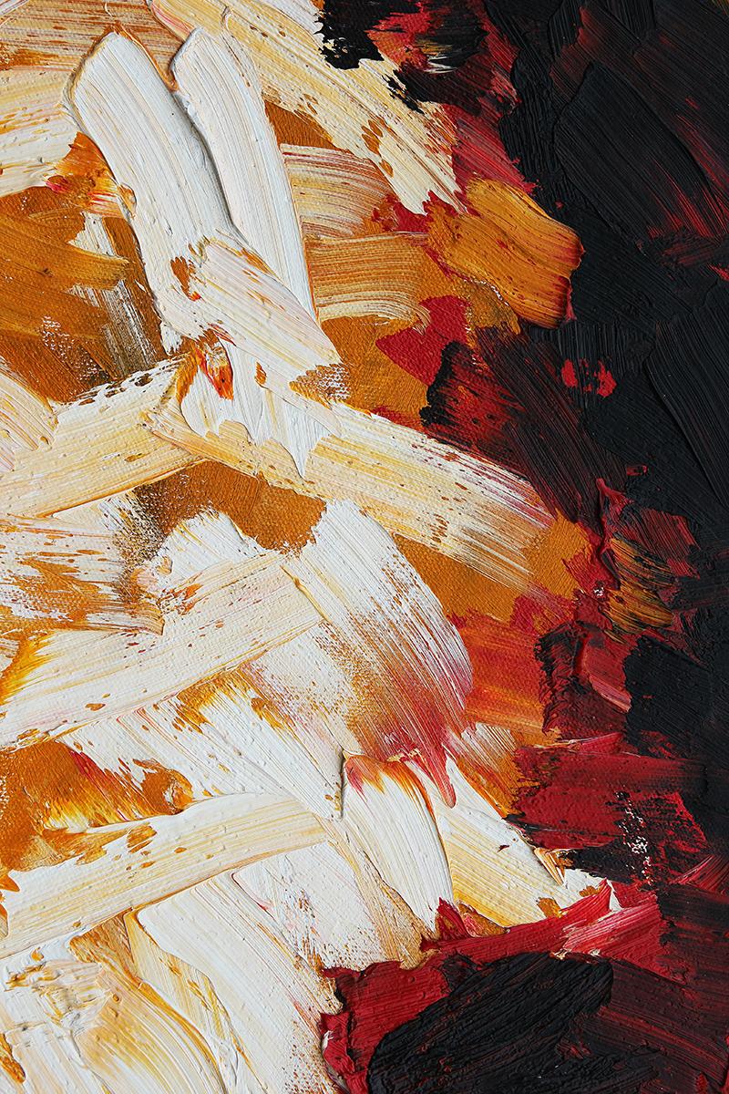Red, orange, white, and black abstract expressionist painting in the style of American mid-century painter, Clyfford Still. This painting features thick brushstrokes all over the canvas that create a color-field warm-toned gradient. Non signée.