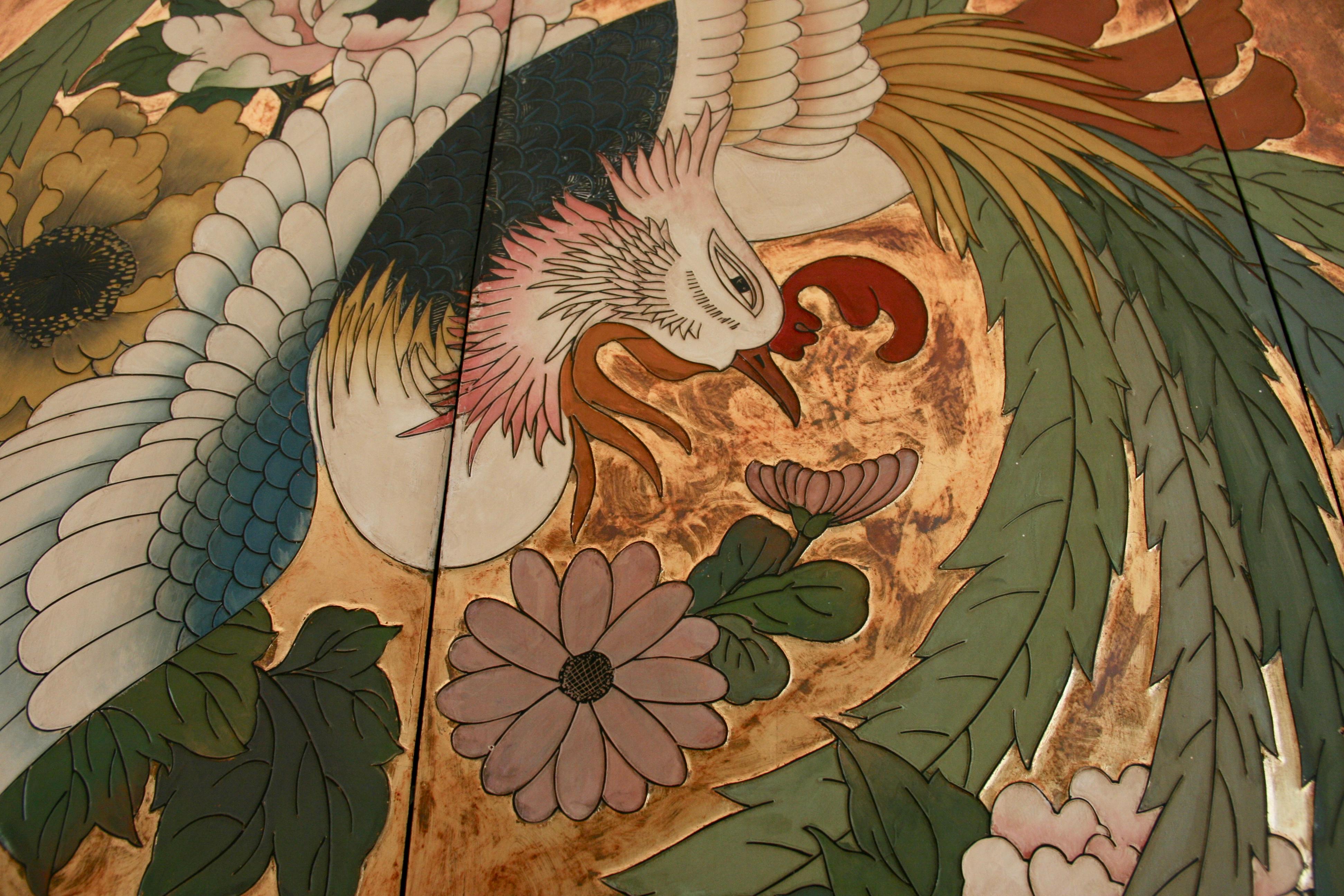 #5-189 Large Botanical Wall Panel,a large scale of vintage Asian lacquered- hand painted wood panel 