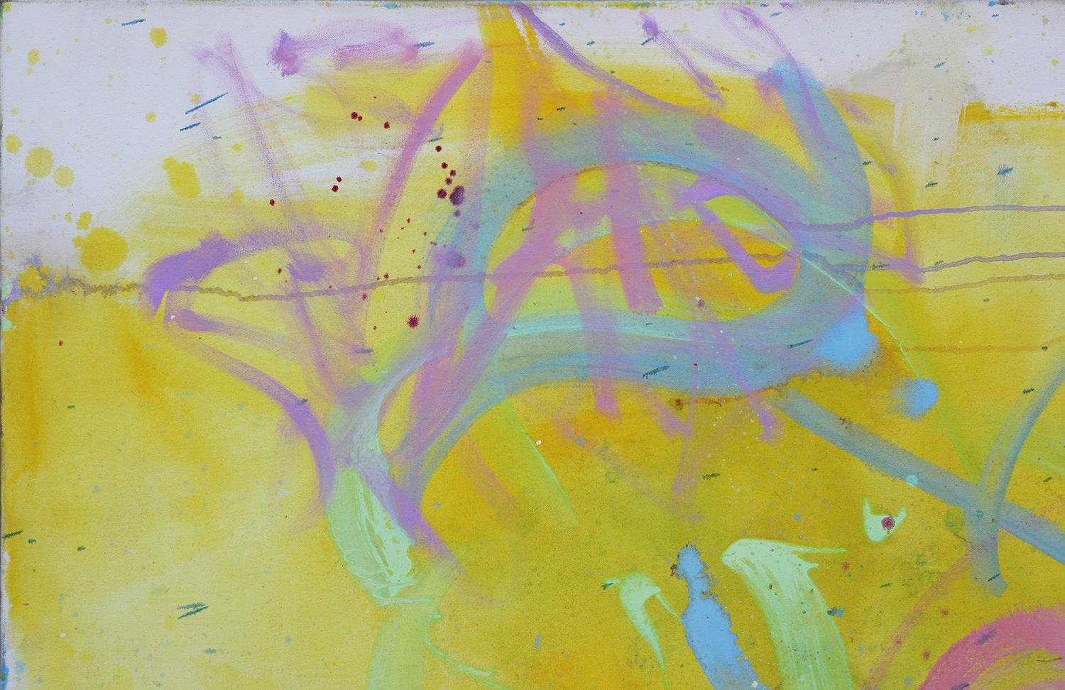 Large abstract painting with pink, blue and green gestural strokes and two blue and pink scallop lines against a bright yellow background. Unframed but framing options available. 