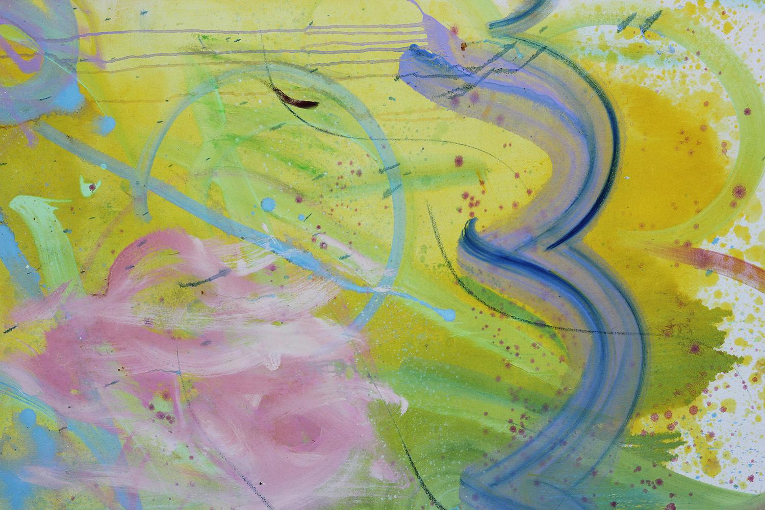 Large Bright Yellow, Green, Purple, and Pink Gestural Abstract Painting 2
