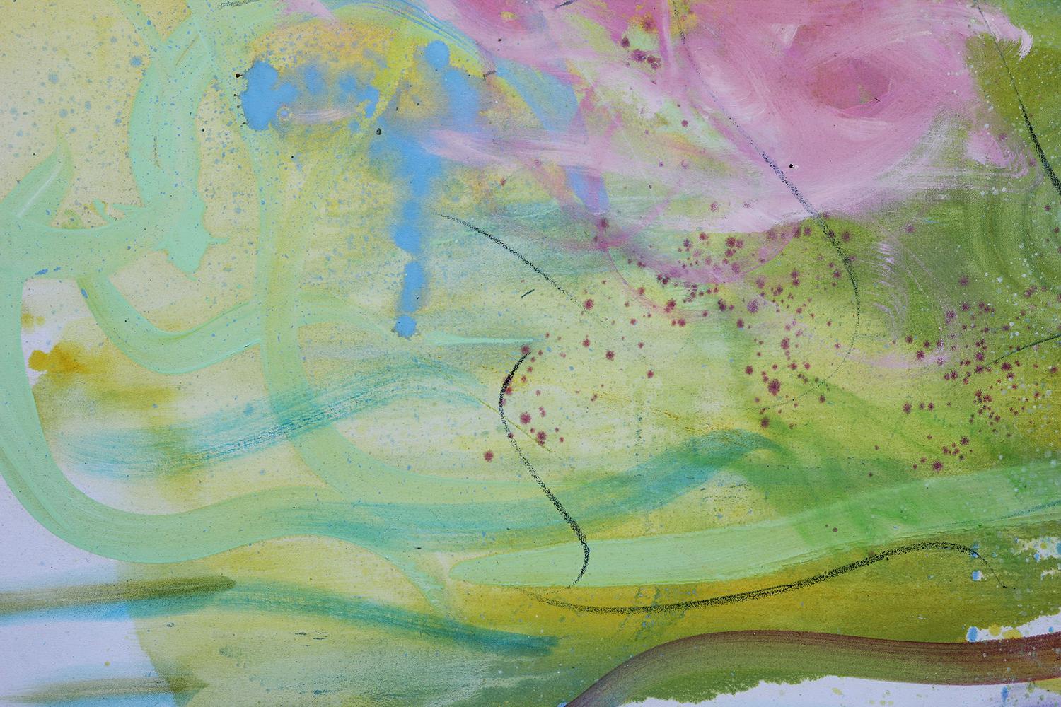 Large Bright Yellow, Green, Purple, and Pink Gestural Abstract Painting 4