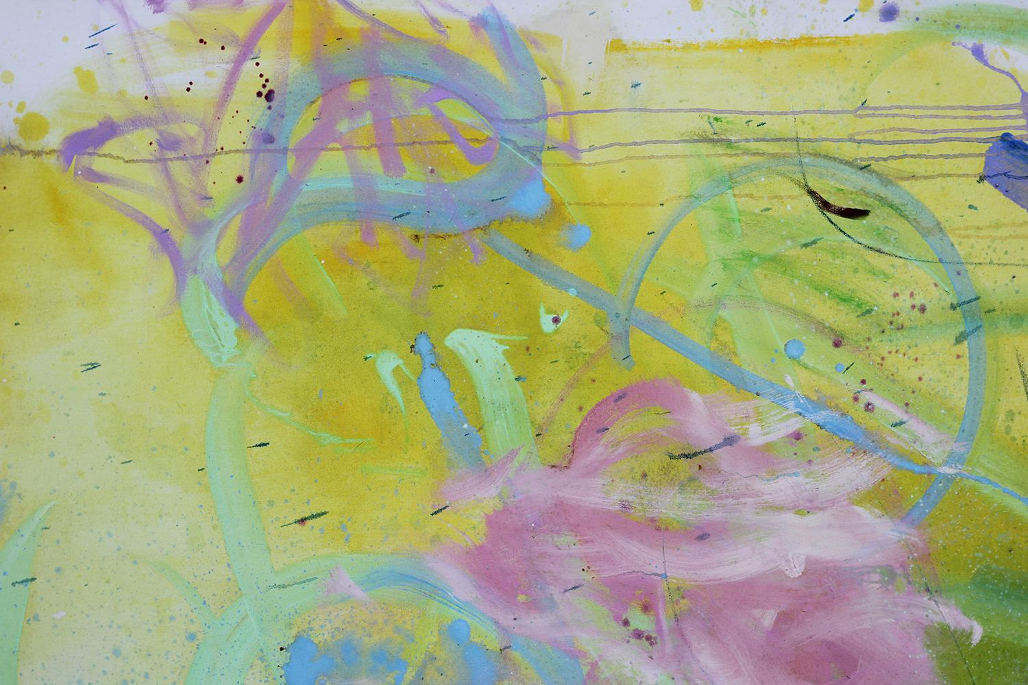 Large Bright Yellow, Green, Purple, and Pink Gestural Abstract Painting 5