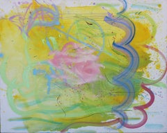Large Bright Yellow, Green, Purple, and Pink Gestural Abstract Painting