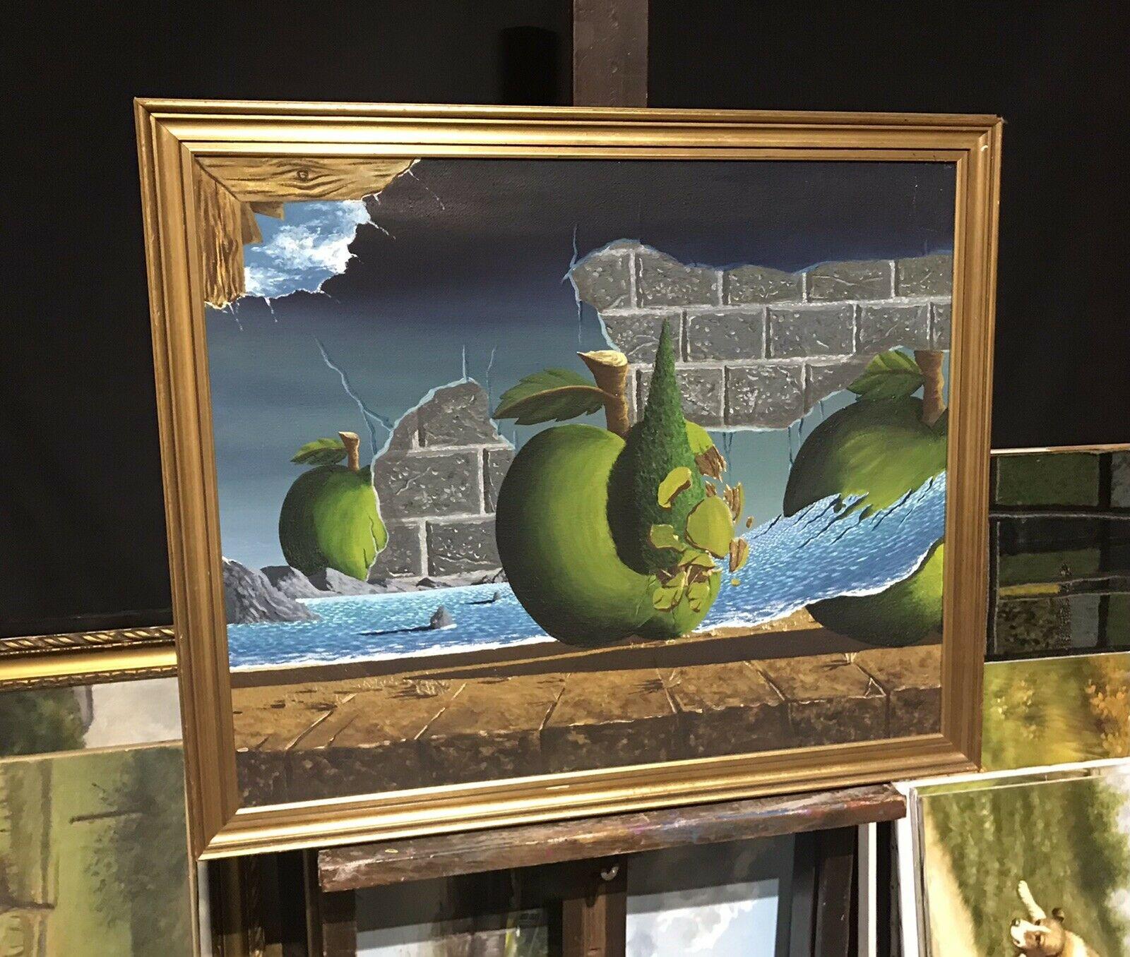 LARGE BRITISH SURREALIST OIL PAINTING C. 1980'S - APPLES IN FANTASY LANDSCAPE - Painting by Unknown