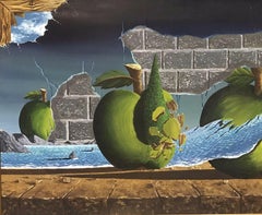 LARGE BRITISH SURREALIST OIL PAINTING C. 1980
S - APPLES IN FANTASY LANDSCAPE