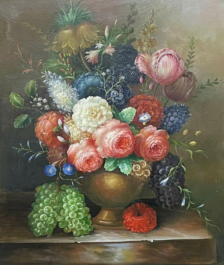LARGE CLASSICAL STILL LIFE OF FLOWERS - GILT FRAMED OIL PAINTING ON CANVAS - Painting by Unknown