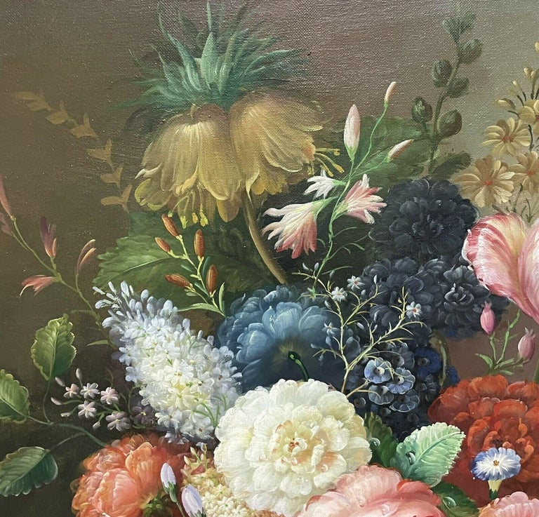 Artist/ School: contemporary work after the earlier Dutch masters.

Title: Classical Still Life of Flowers

Medium: oil painting on canvas, framed

Size:    framed: 31.5 x 27.5 inches 
           painting: 24 x 20 inches
                depth: 2.5