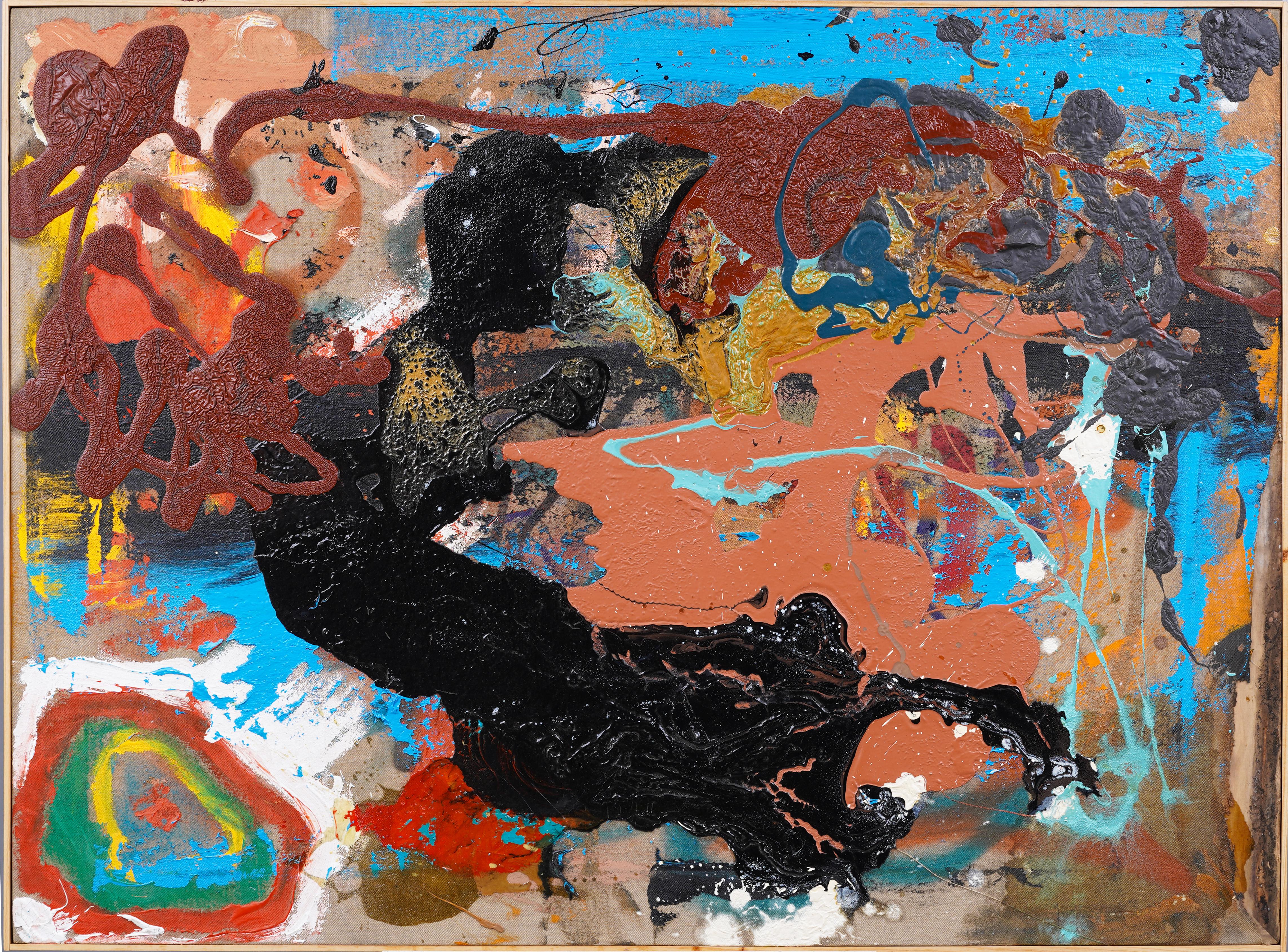 Großes farbenfrohes neoexpressionistisches Vintage gerahmtes Ölgemälde