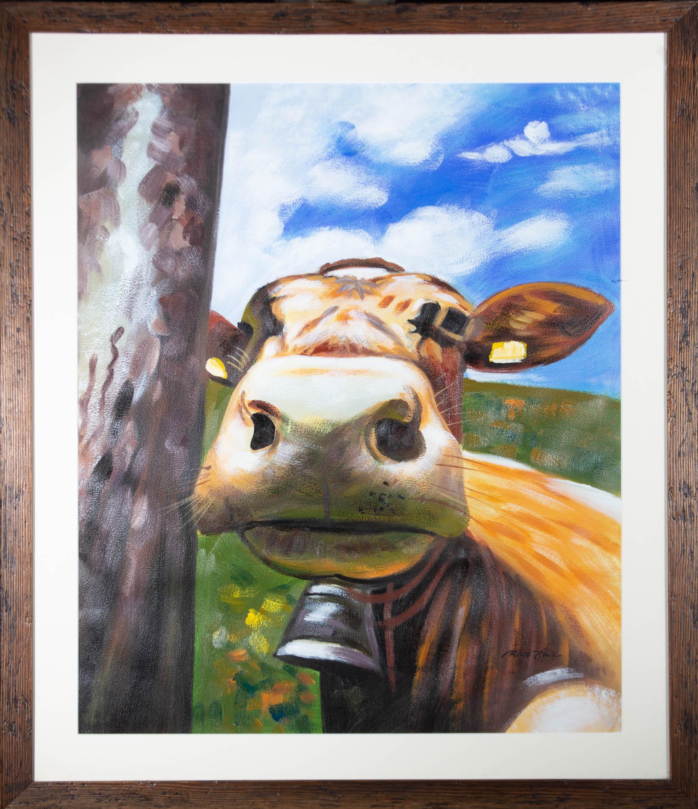 Grande acrylique contemporaine - Curious Cow - Painting de Unknown