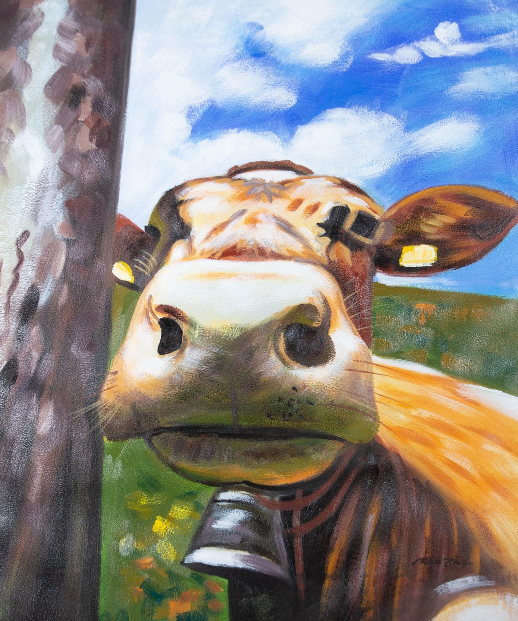 Acrilico contemporaneo grande - Mucca curiosa - Animal Painting Grigio di Unknown