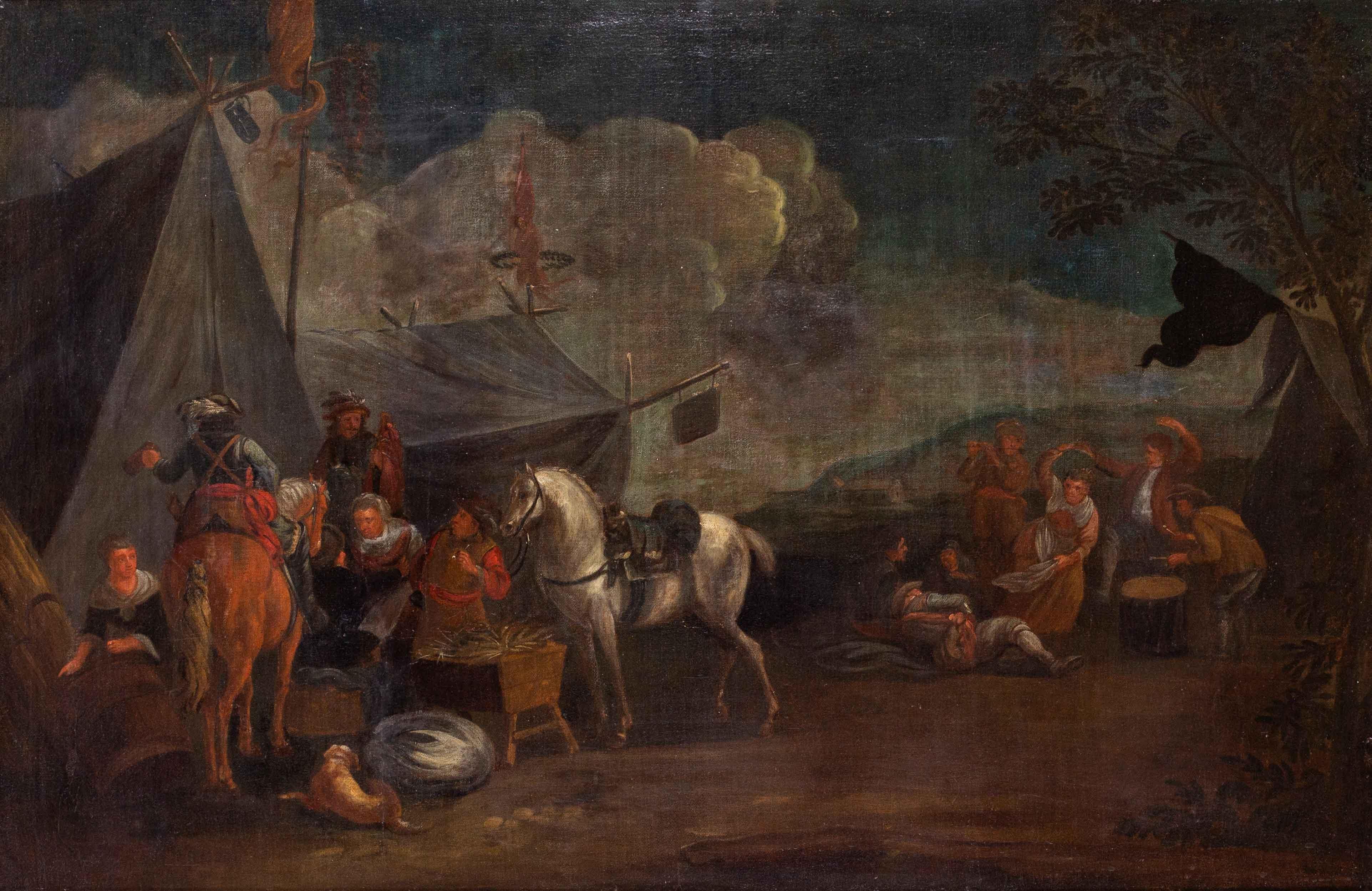 Grande école néerlandaise, peinture à l'huile du 18e siècle, fabrication de sirènes à l'encampement - Maîtres anciens Painting par Unknown