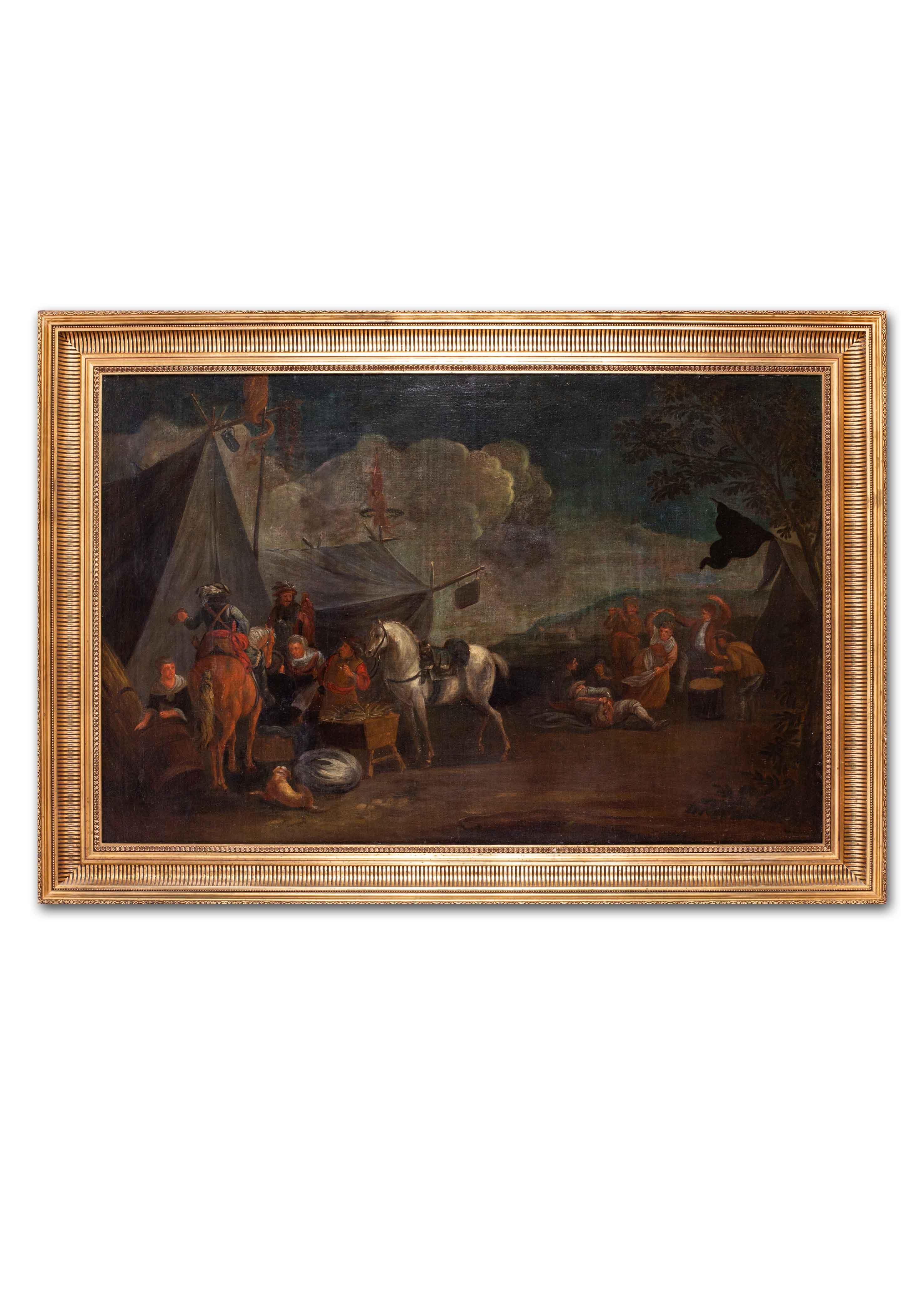 Large Dutch School, 18th Century oil painting, Merry making at the encampment - Black Figurative Painting by Unknown