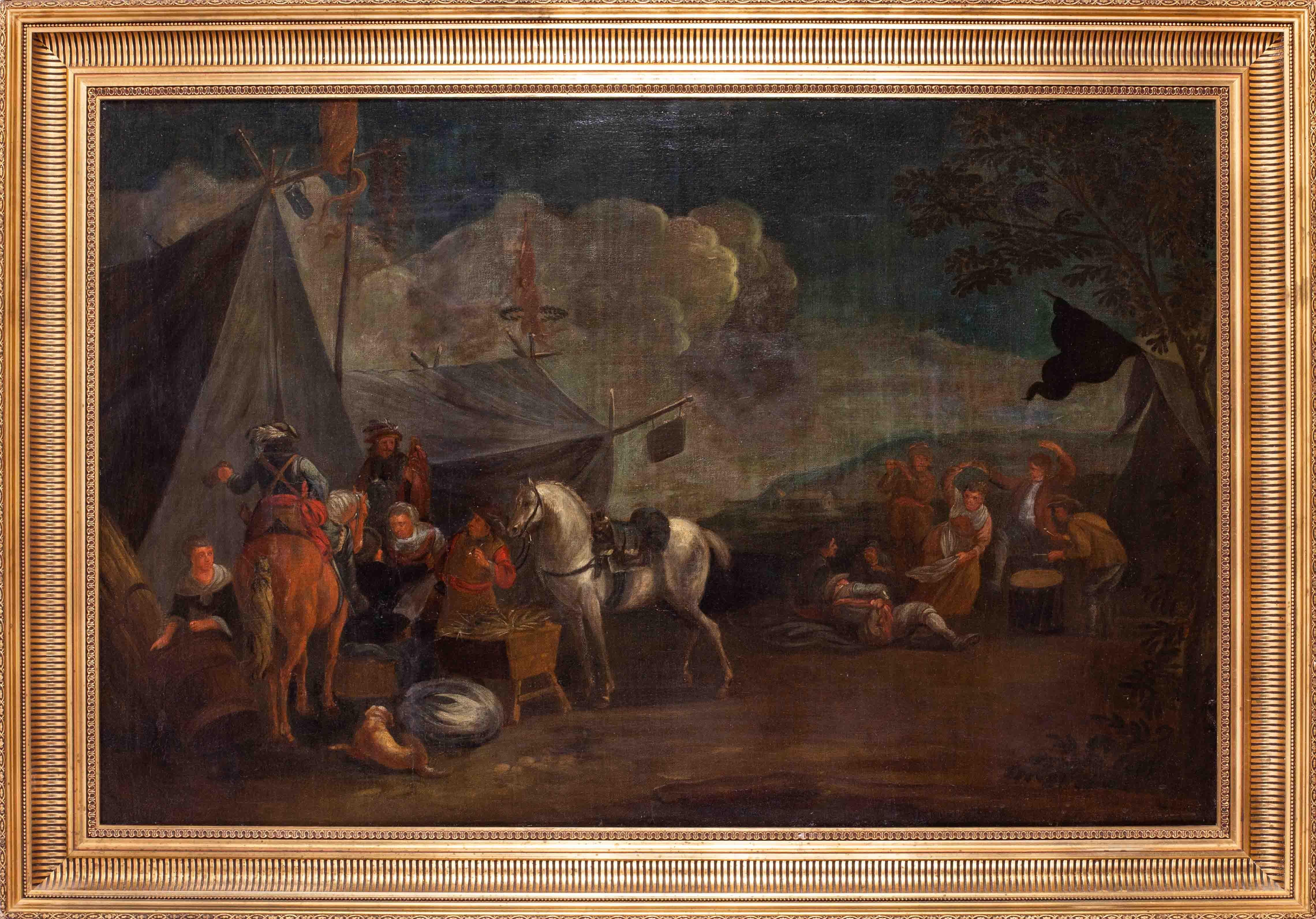 Large Dutch School, 18th Century oil painting, Merry making at the encampment