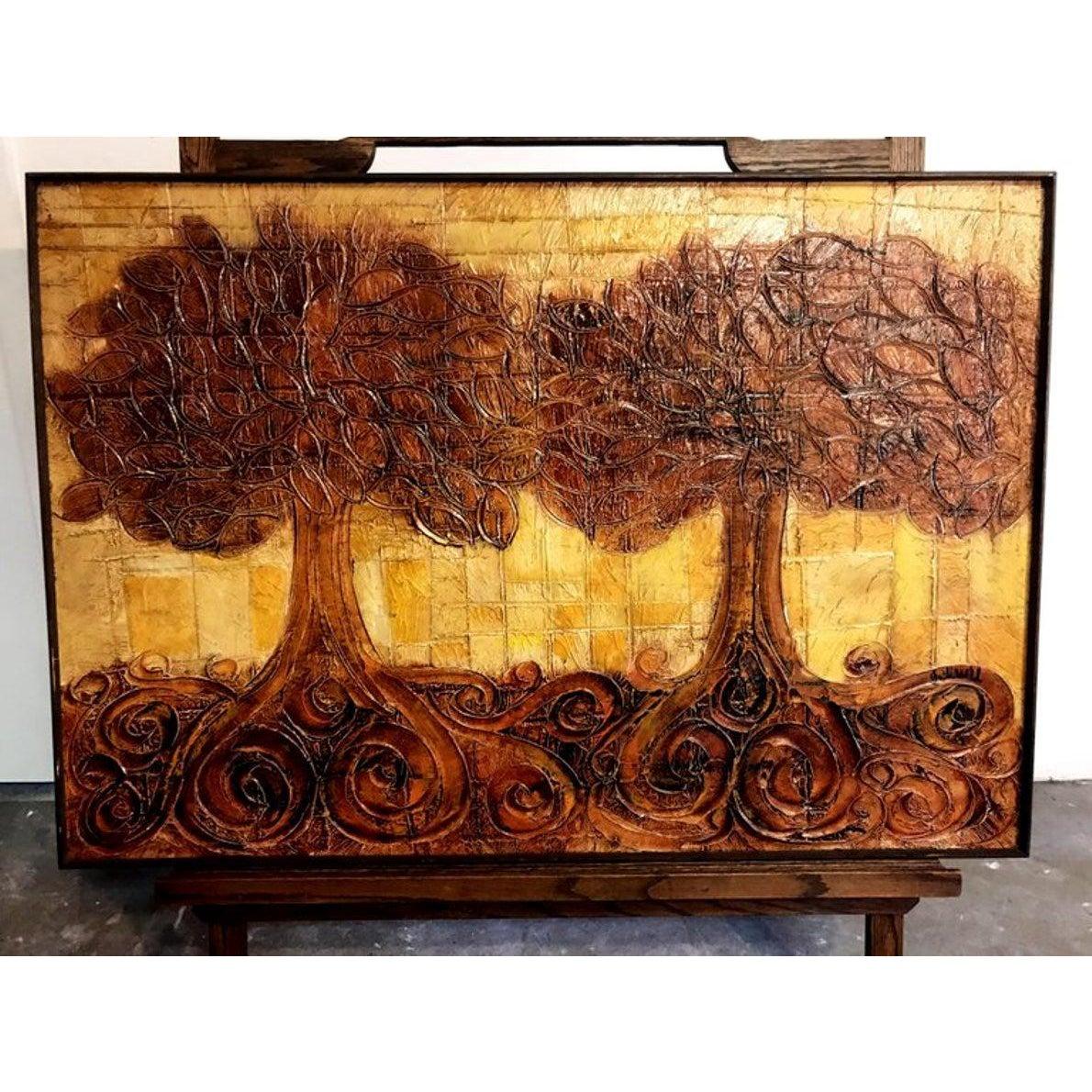 Large Embossed Plaster Painting of Trees  For Sale 1