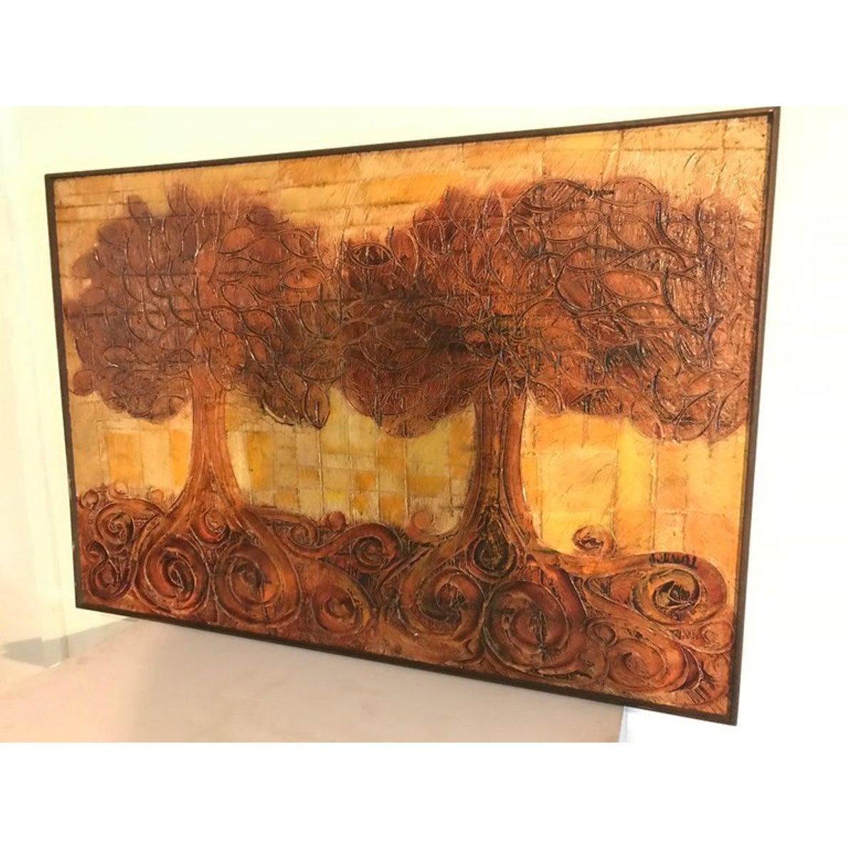 Large Embossed Plaster Painting of Trees  For Sale 2