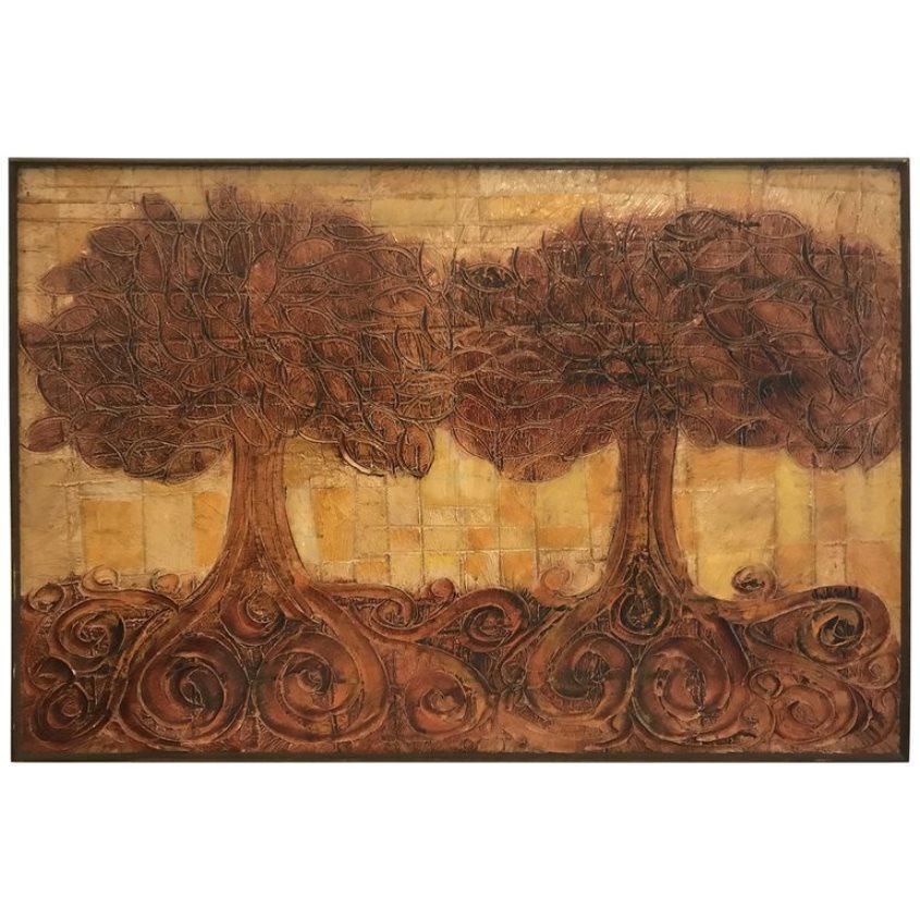 Large Embossed Plaster Painting of Trees  For Sale 3