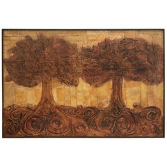 Vintage Large Embossed Plaster Painting of Trees 