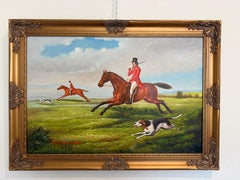 Large English Fox Hunting Scene Oil Painting Equestrian Sporting Art, Framed