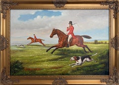 Large English Fox Hunting Scene Oil Painting Equestrian Sporting Art, Framed