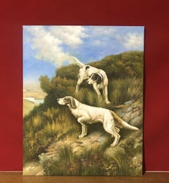 LARGE ENGLISH OIL PAINTING HUNTING HOUNDS ON THE SCENT IN LANDSCAPE
