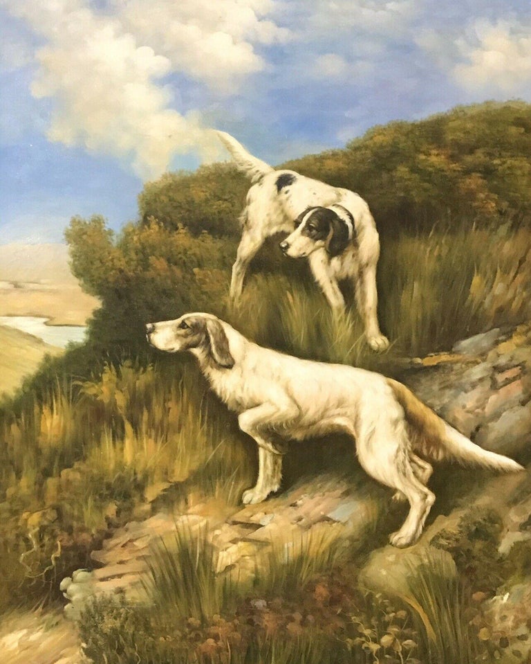 LARGE ENGLISH OIL PAINTING HUNTING HOUNDS ON THE SCENT IN LANDSCAPE