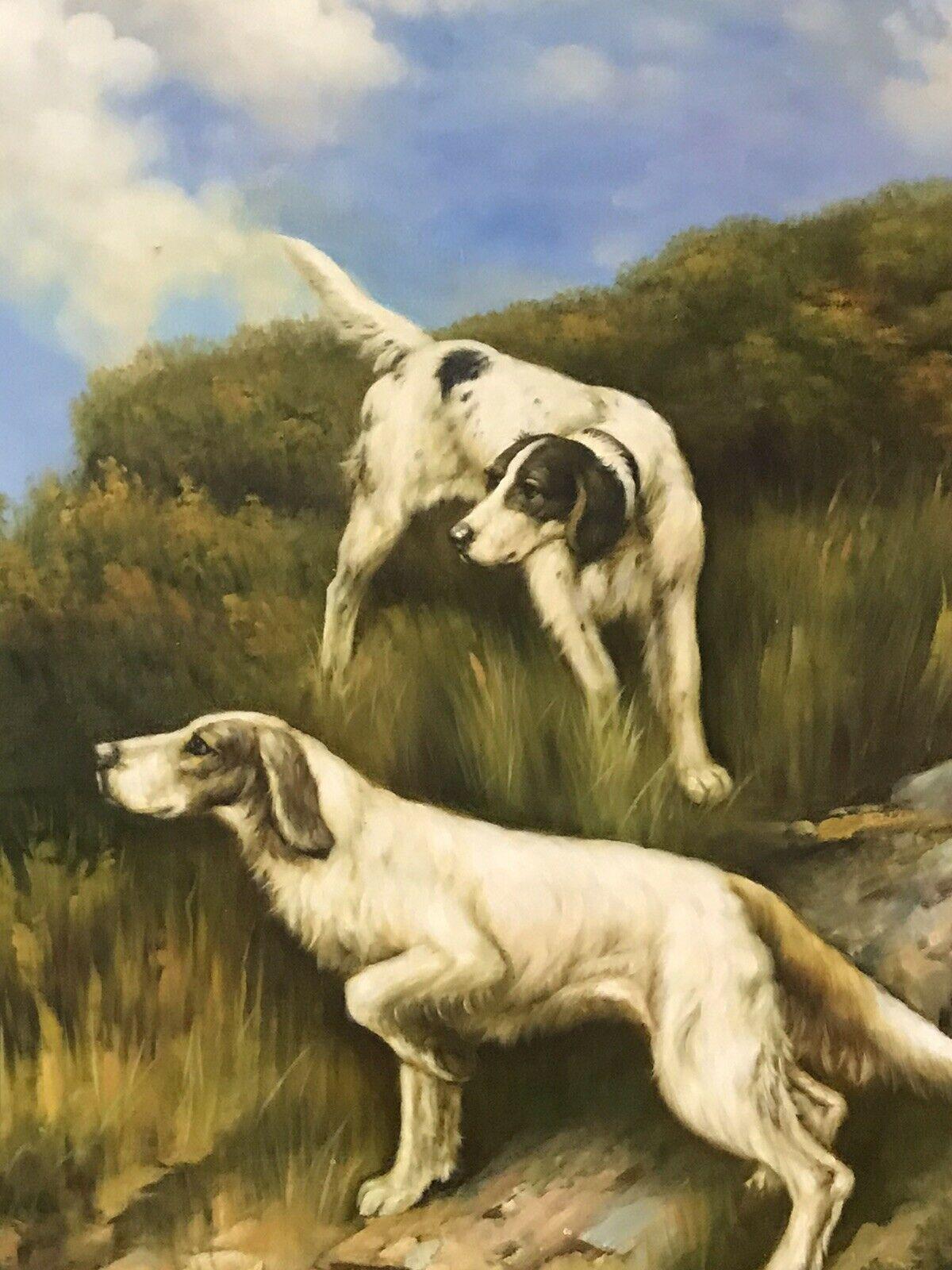 LARGE ENGLISH OIL PAINTING HUNTING HOUNDS ON THE SCENT IN LANDSCAPE - Victorian Painting by Unknown