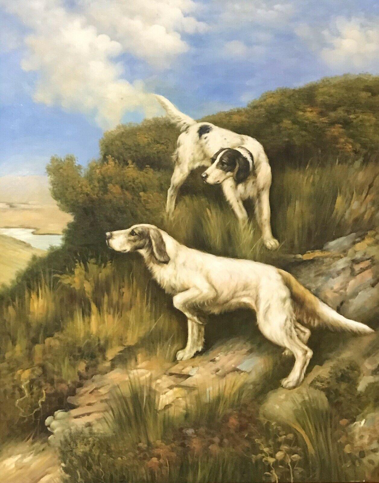 LARGE ENGLISH OIL PAINTING HUNTING HOUNDS ON THE SCENT IN LANDSCAPE