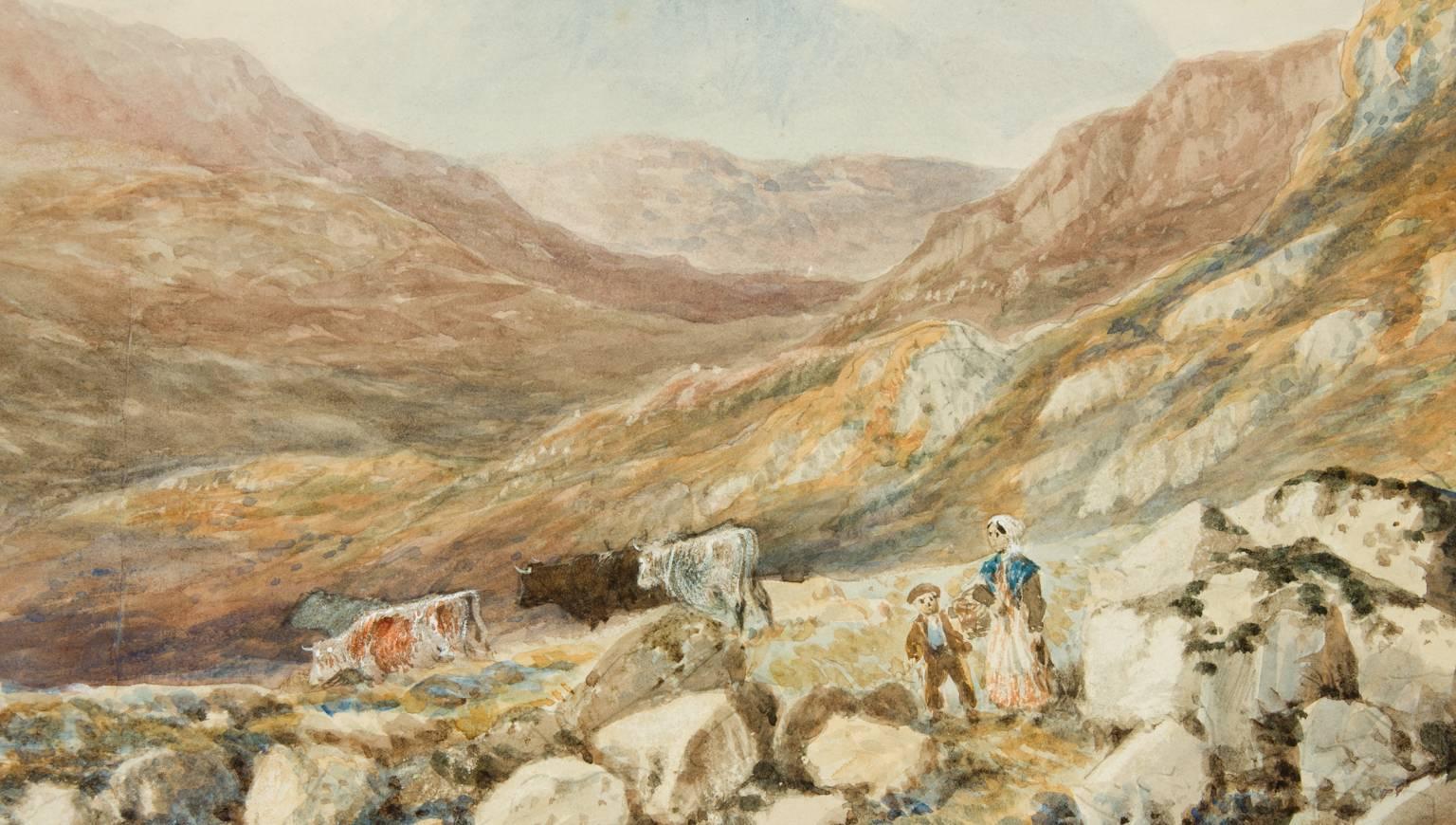 Large English School 19th Century Watercolour - Figures in Highland Landscape - Painting by Unknown