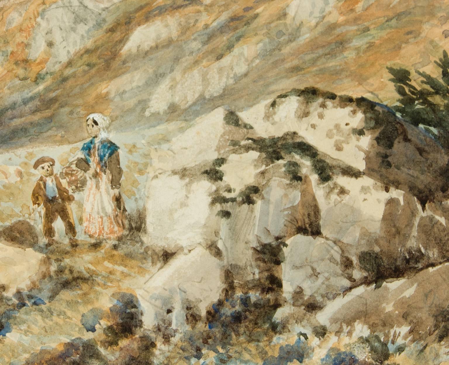 Large English School 19th Century Watercolour - Figures in Highland Landscape - Realist Painting by Unknown