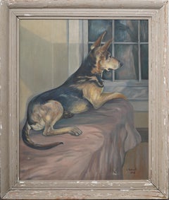 Large Exhibited Vintage American Dog Portrait Interior Scene Signed Oil Painting