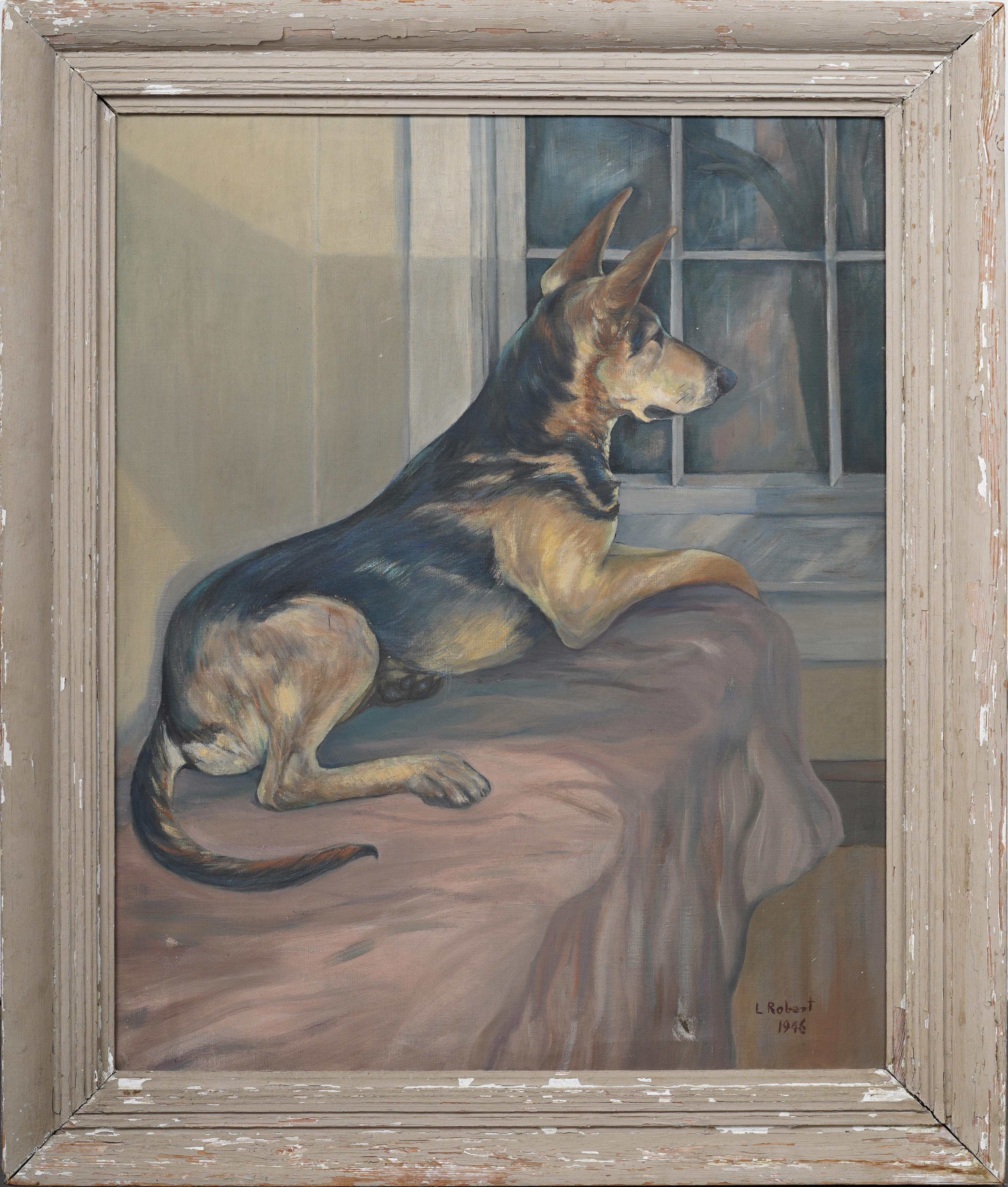 Große ausgestellte Vintage American Dog Portrait Interior Szene signiert Ölgemälde