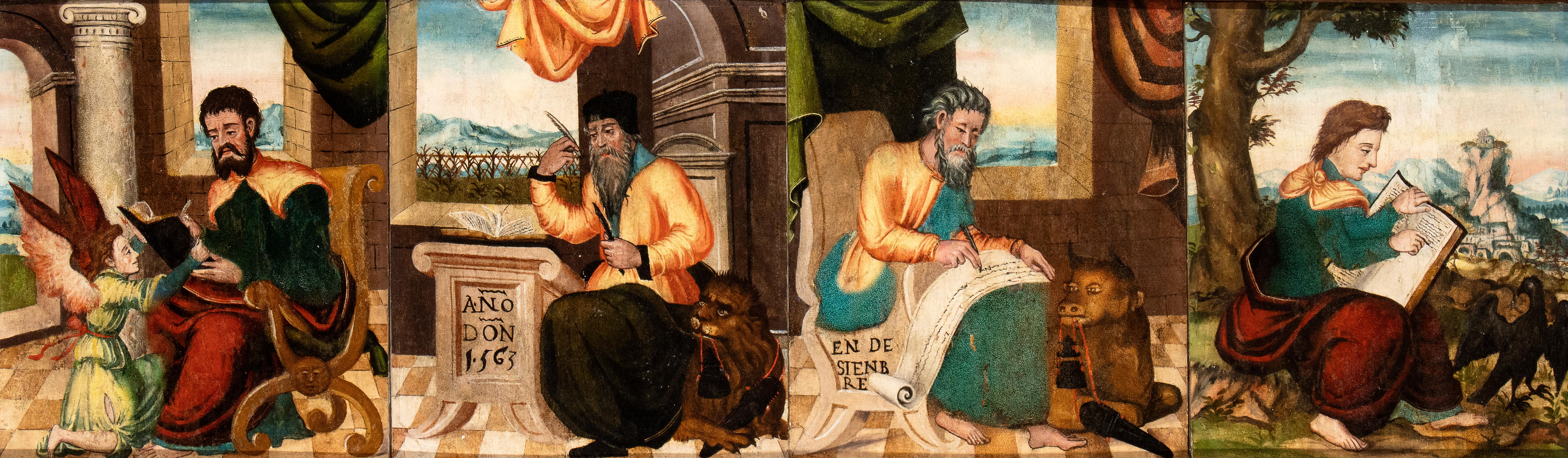 Un'importante e rara serie di dipinti a olio su tavola di Oak, di scuola spagnola del XVI secolo, raffiguranti i quattro evangelisti Matteo, Marco, Luca e Giovanni, gli autori a cui è attribuita la creazione dei quattro racconti evangelici canonici.